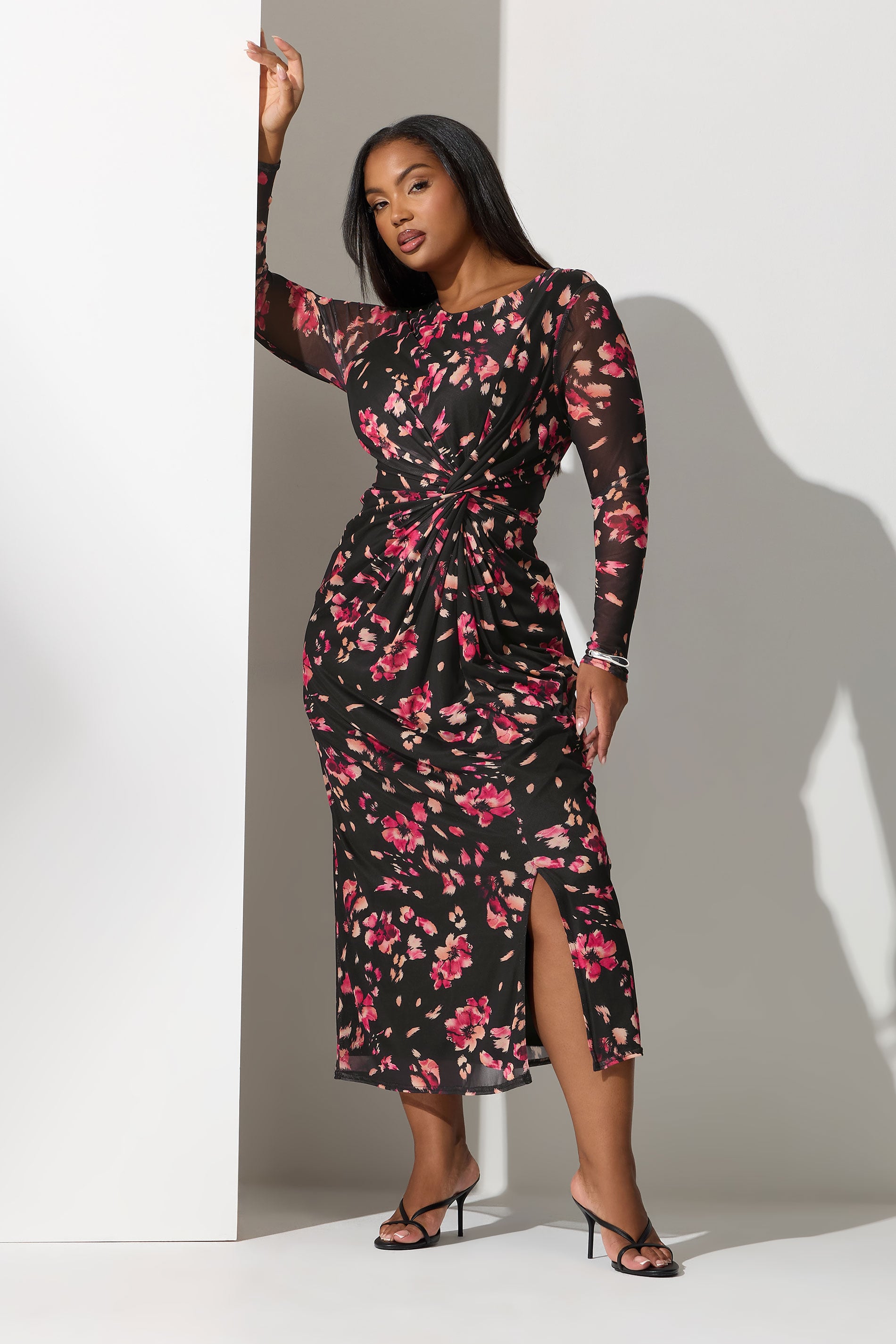 YOURS LONDON Plus Size Black Floral Mesh Side Knot Midi Dress | Yours Clothing 3