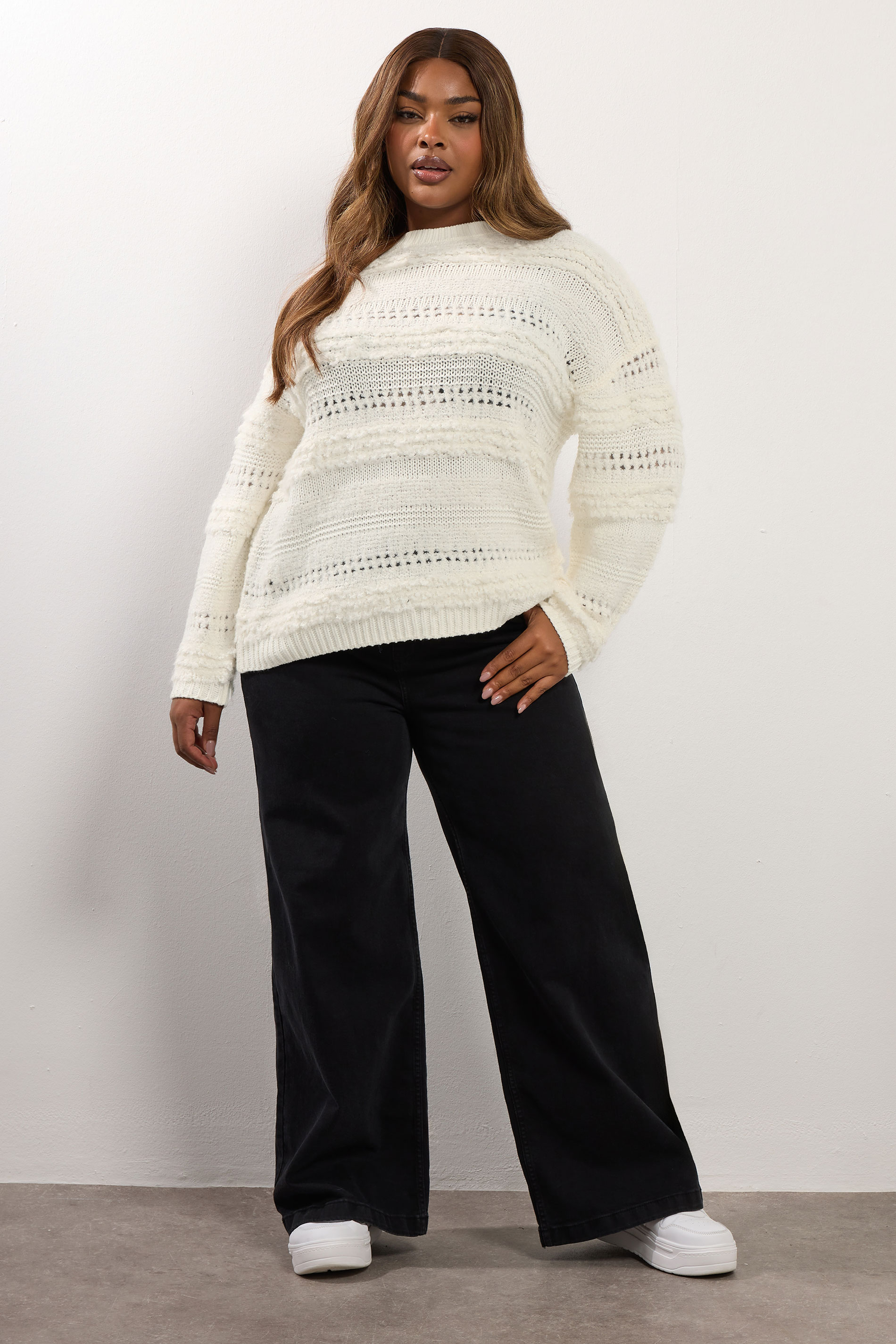 YOURS Plus Size Ivory White Boucle Pointelle Knit Jumper | Yours Clothing 5