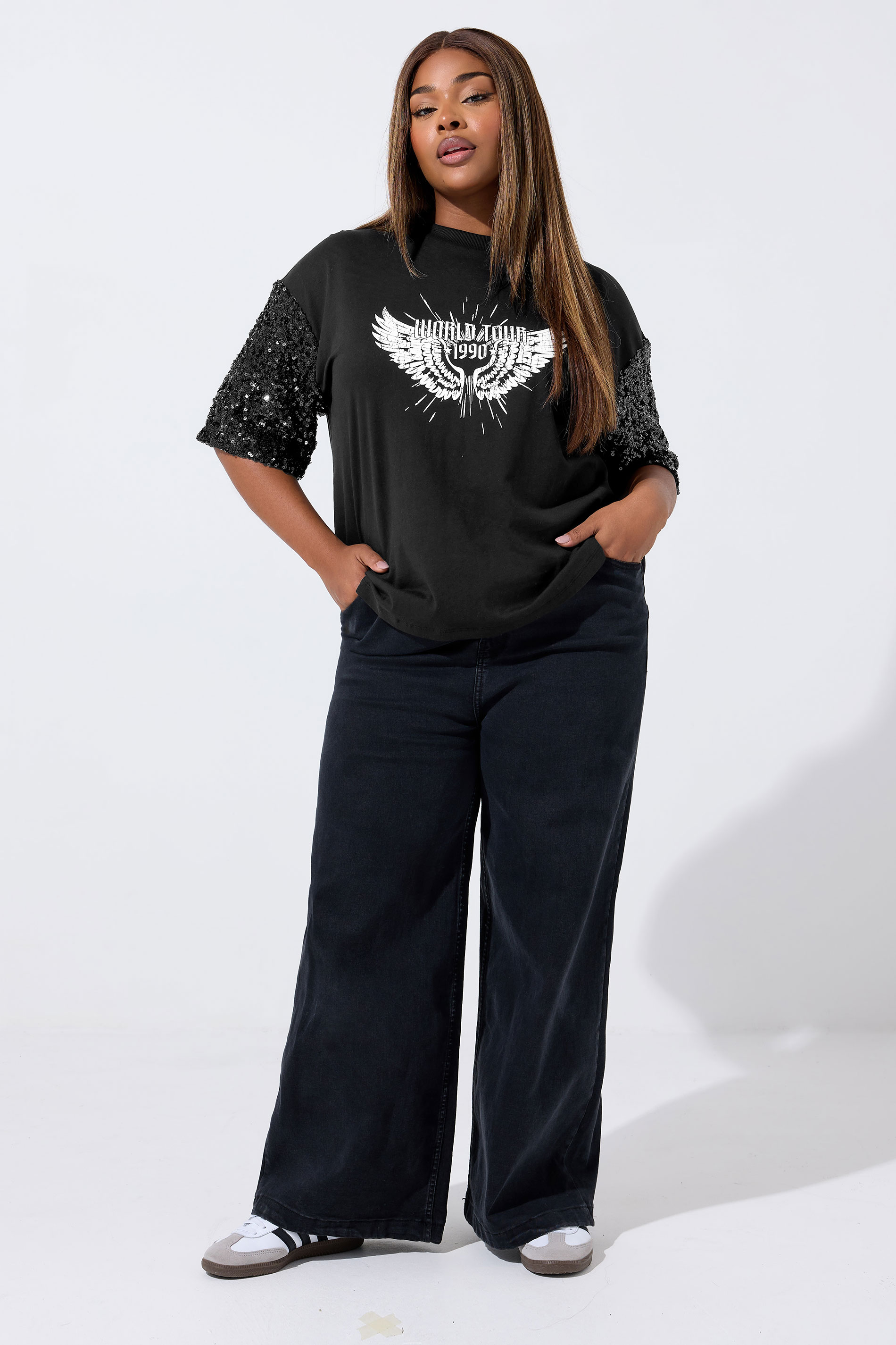 LIMITED COLLECTION Plus Size Black Sequin 'World Tour' Graphic T-Shirt | Yours Clothing 1