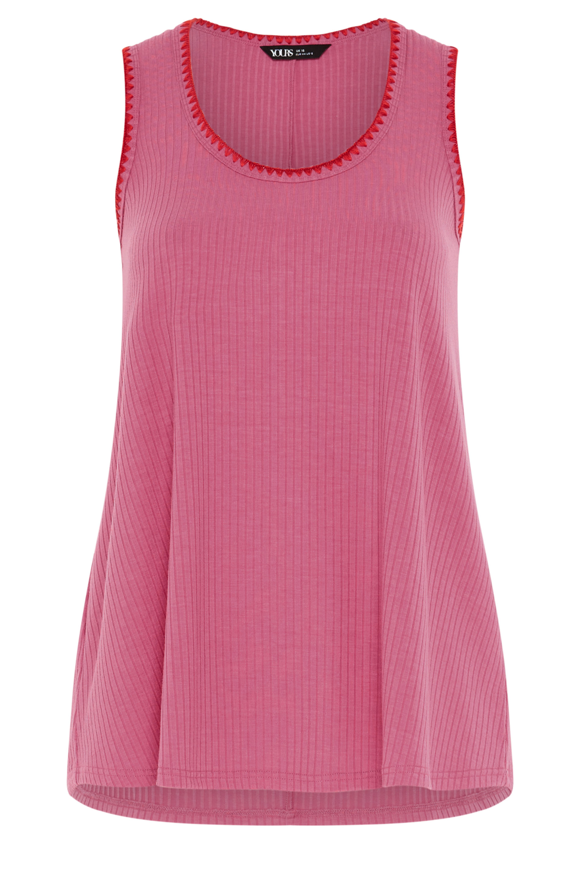 YOURS Plus Size Hot Pink Contrast Blanket Stitch Ribbed Vest Top | Yours Clothing 5