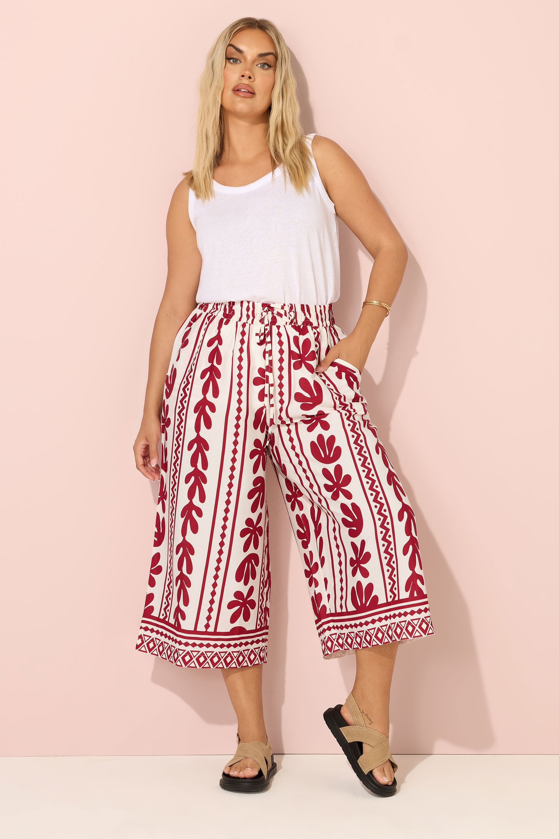 YOURS Plus Size Red Aztec Leaf Midaxi Culottes | Yours Clothing 1