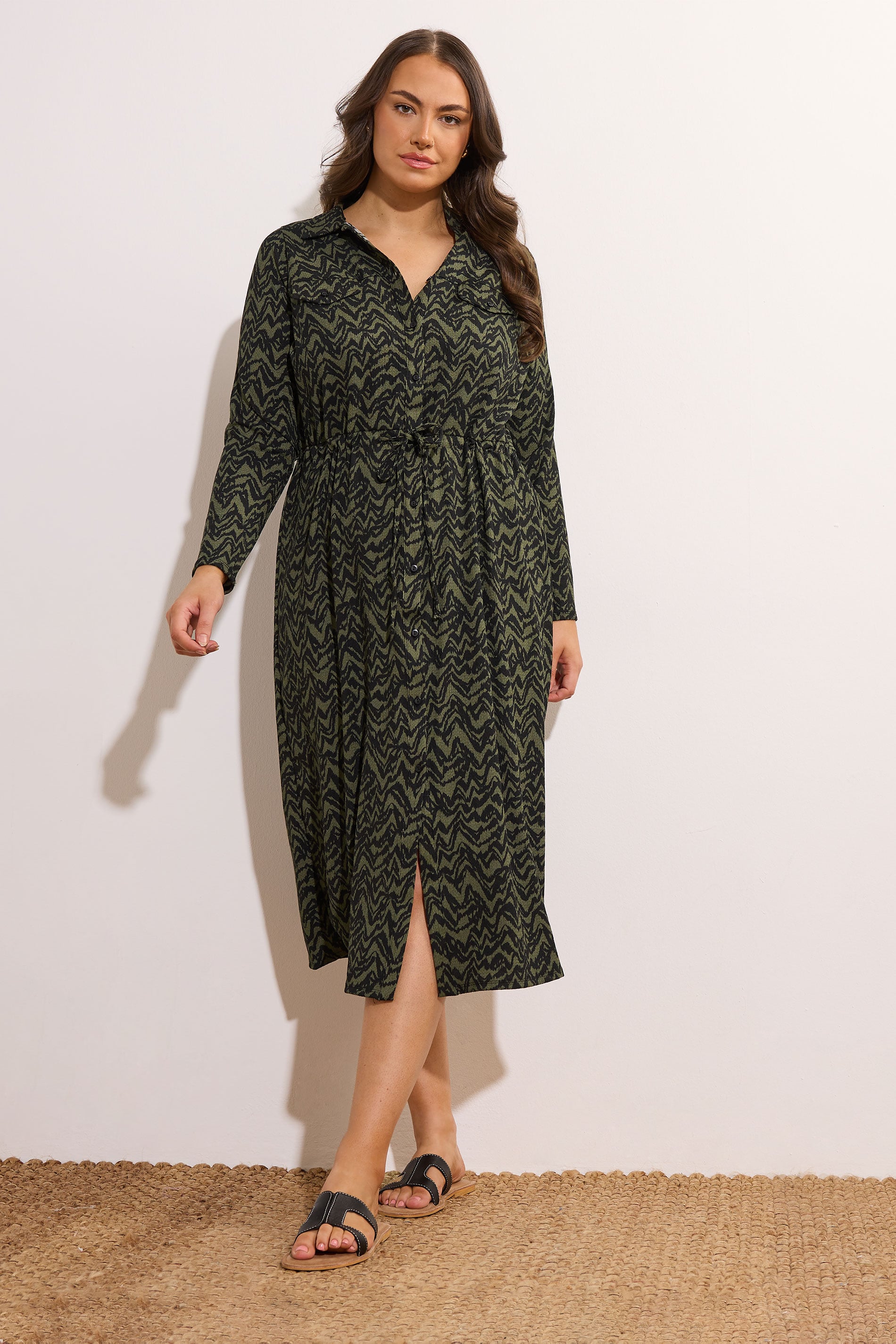 EVANS Plus Size Khaki Green Abstract Print Crepe Midi Shirt Dress | Evans 3
