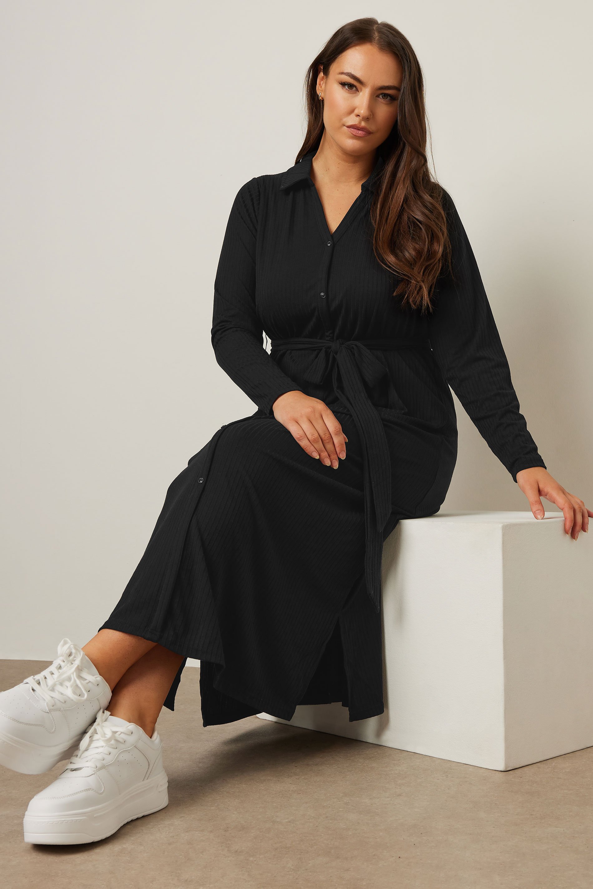 YOURS Curve Black Ribbed Tie Waist Shirt Dress | Yours Clothing 2
