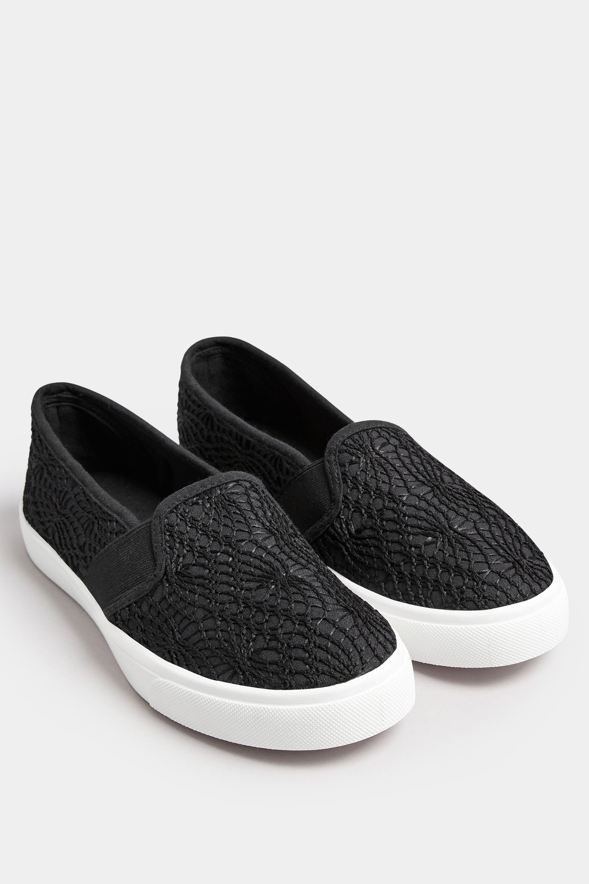 Black Broderie Anglaise Slip-On Trainers In Wide E Fit | Yours Clothing 1