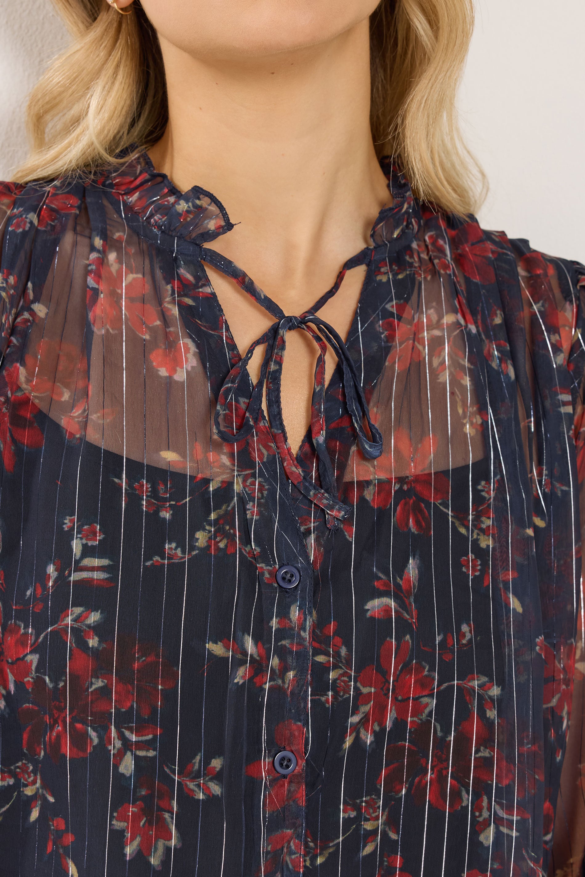 LTS Tall Navy Blue Floral Print Frill Neck Blouse | Long Tall Sally 5