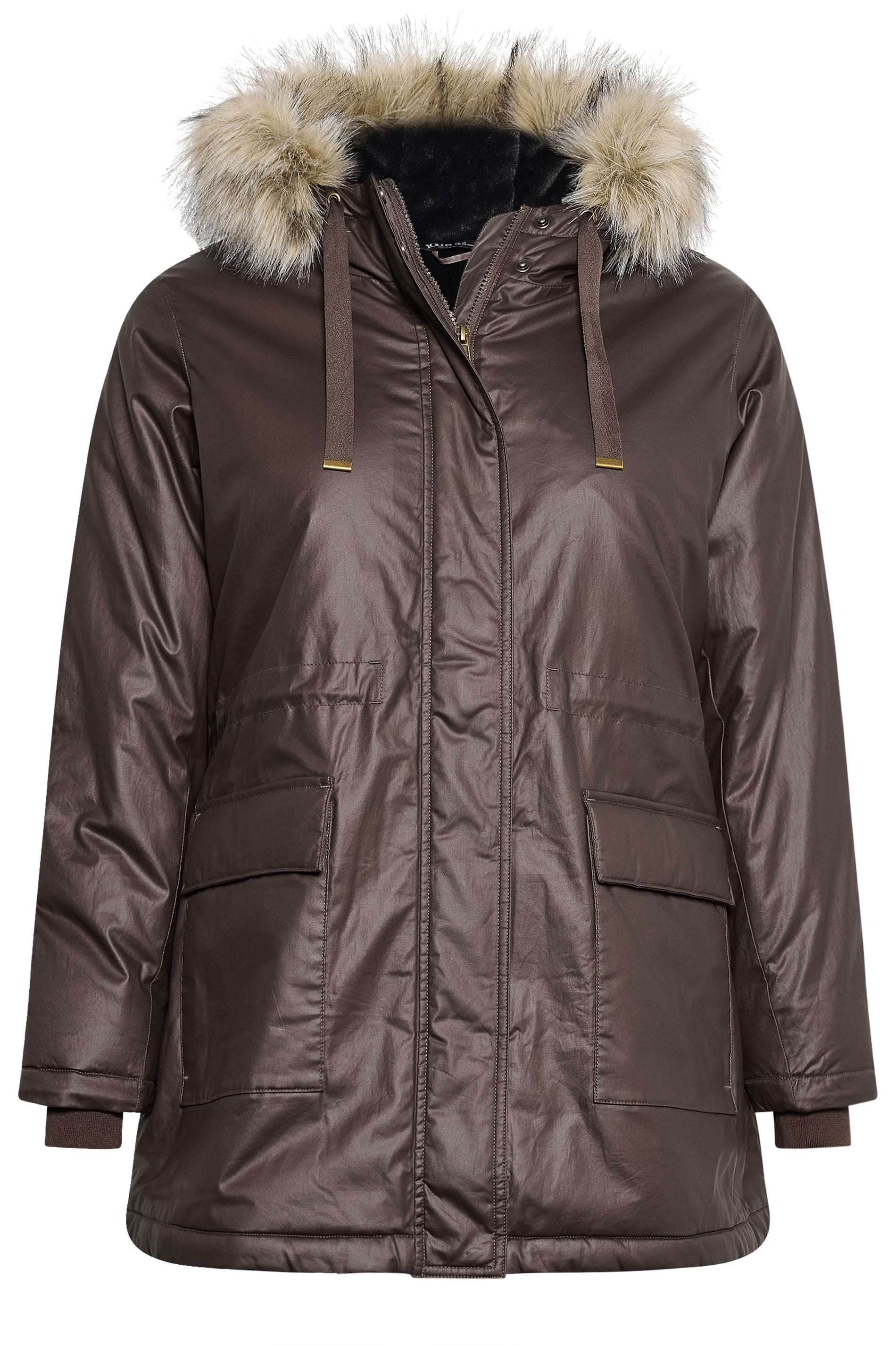 YOURS Plus Size Brown Waxed Faux Fur Trim Parka Coat | Yours Clothing 8