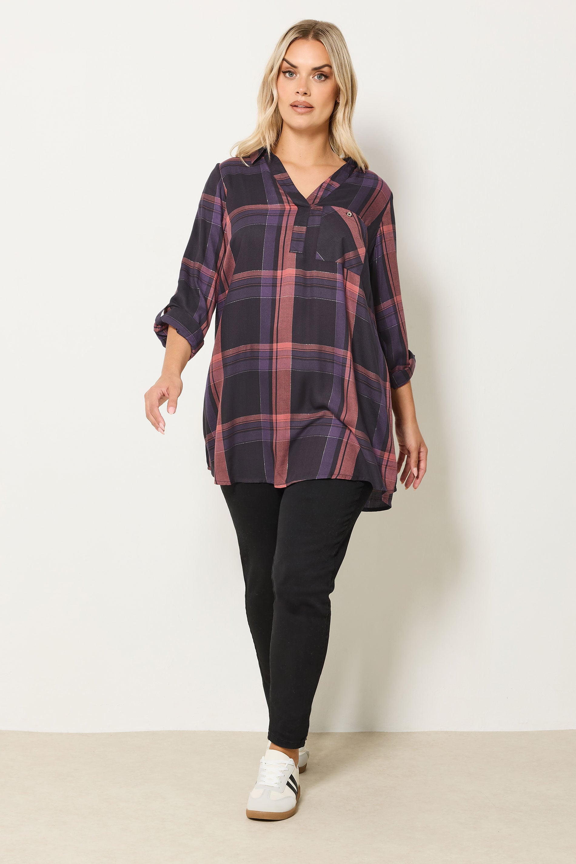 YOURS Plus Size Navy Blue & Pink Check Overhead Shirt | Yours Clothing 1