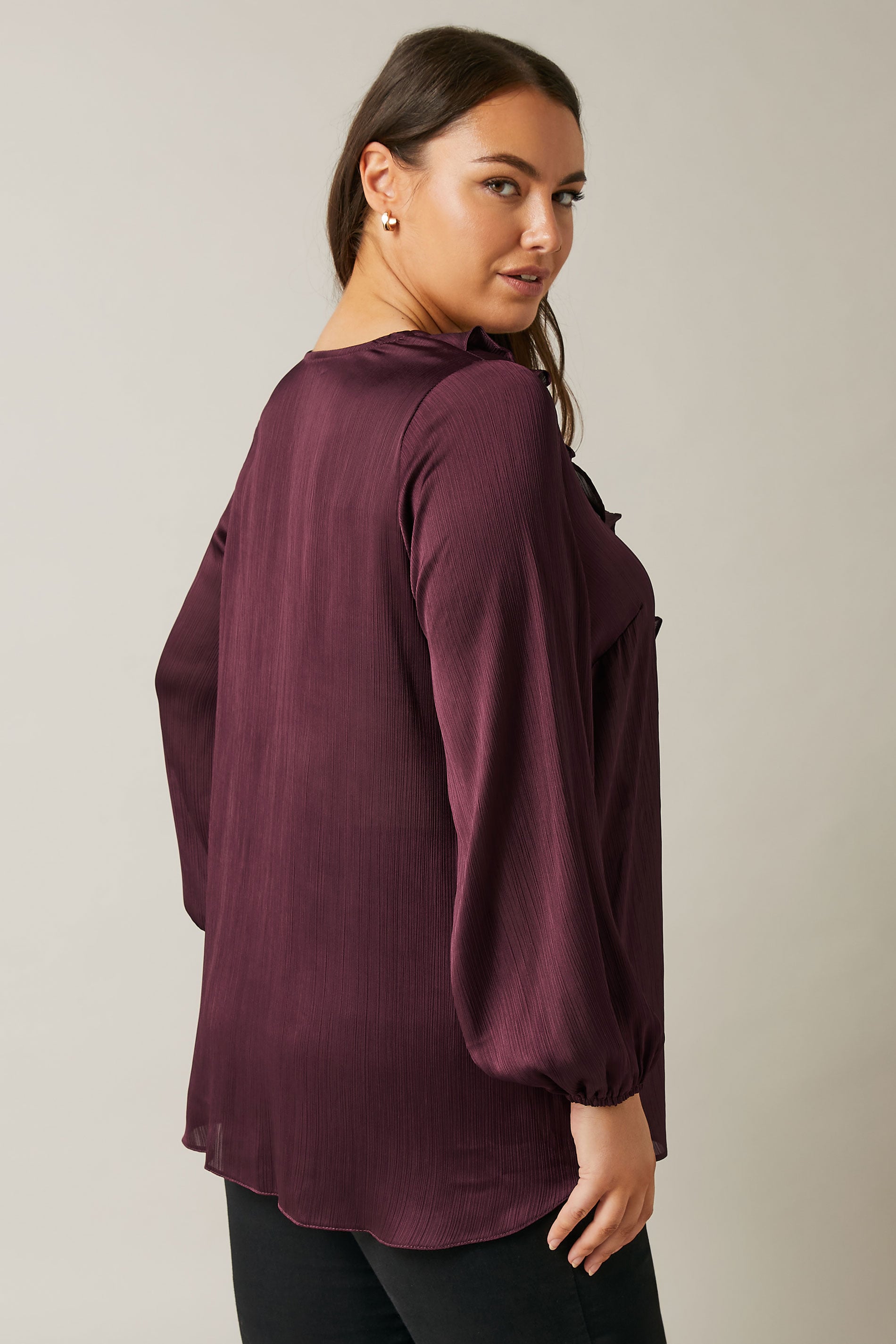 EVANS Plus Size Burgundy Red Satin Ruffle Neck Blouse | Evans  4