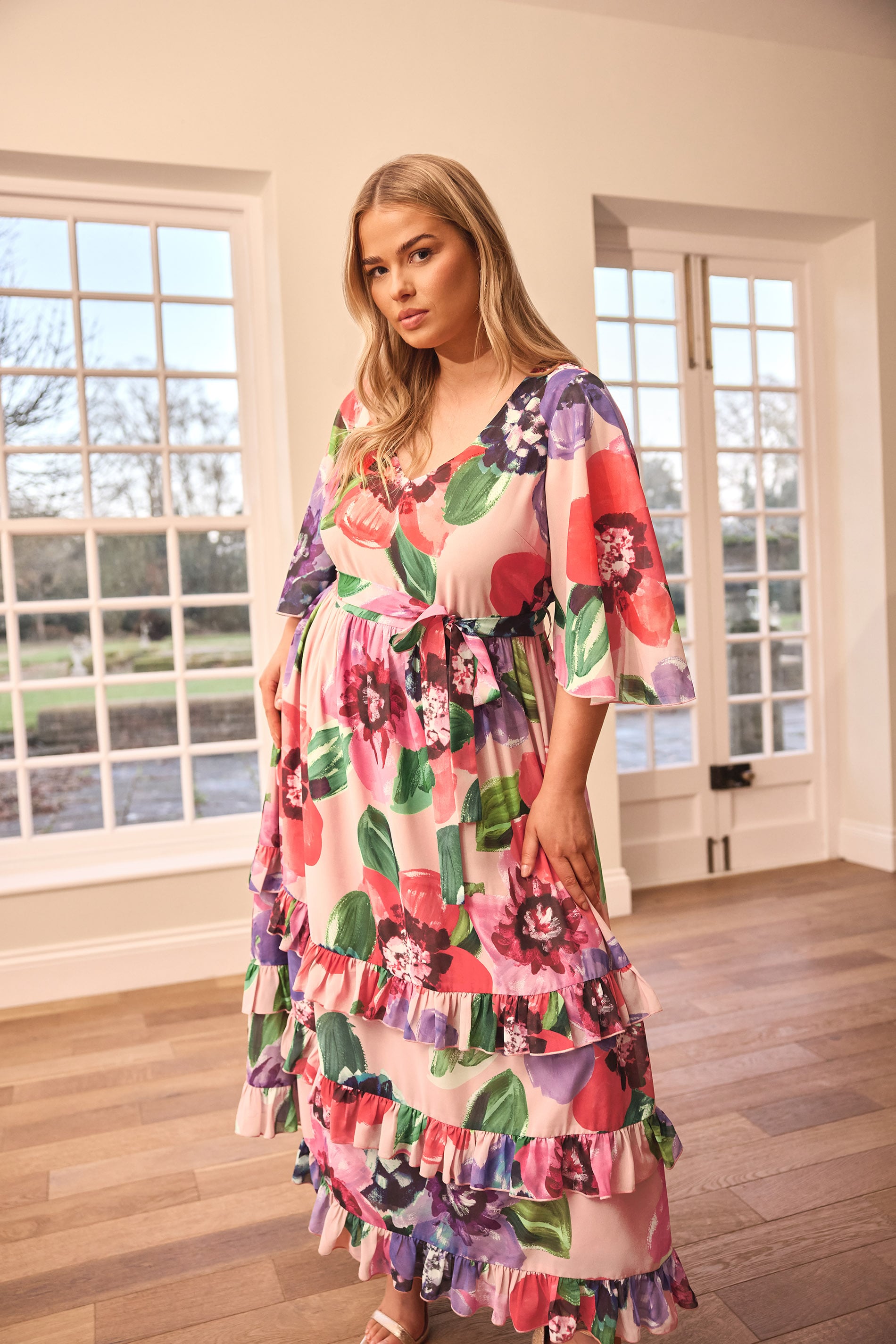 YOURS LONDON Plus Size Pink Floral Print Tiered Maxi Dress | Yours Clothing 1