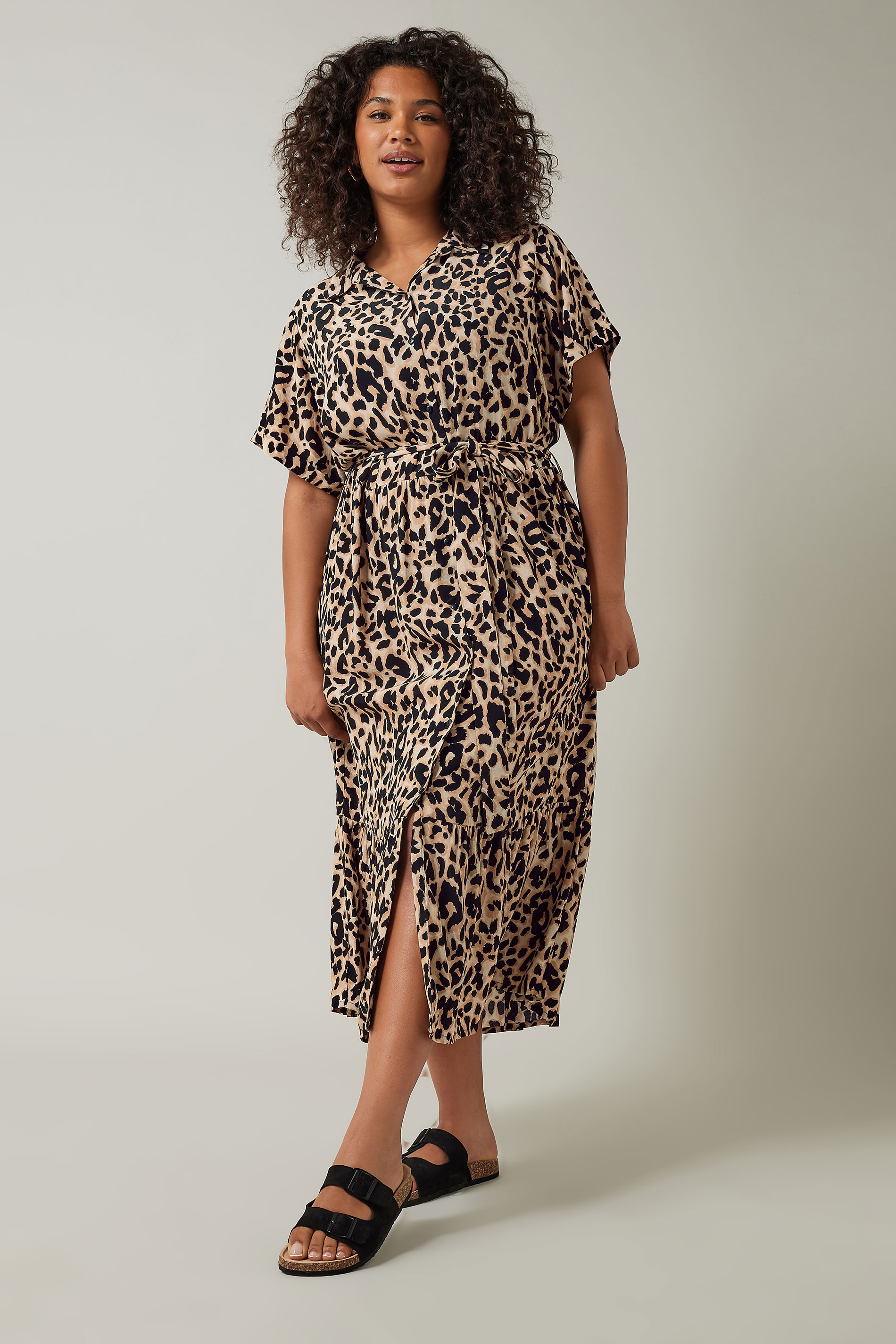 EVANS Plus Size Brown Leopard Print Midi Shirt Dress | Evans