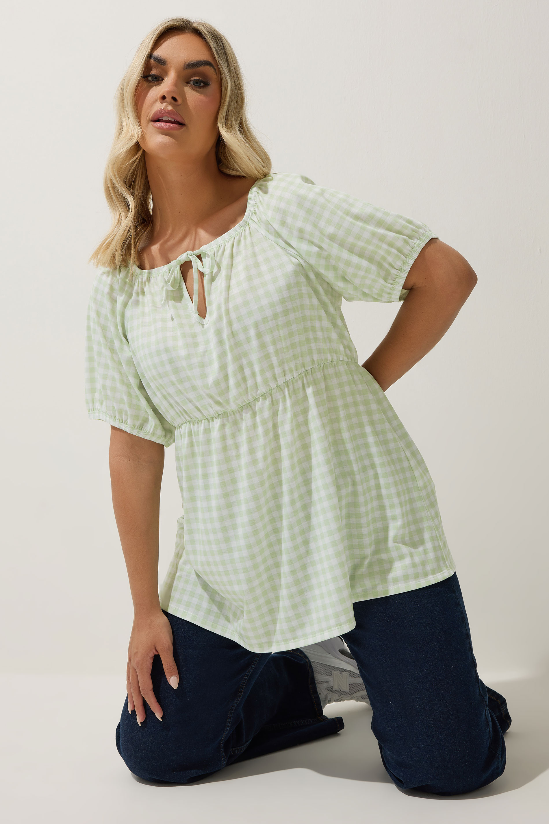  LIMITED COLLECTION Plus Size Sage Green Gingham Tie Neck Peplum Top | Yours Clothing 1