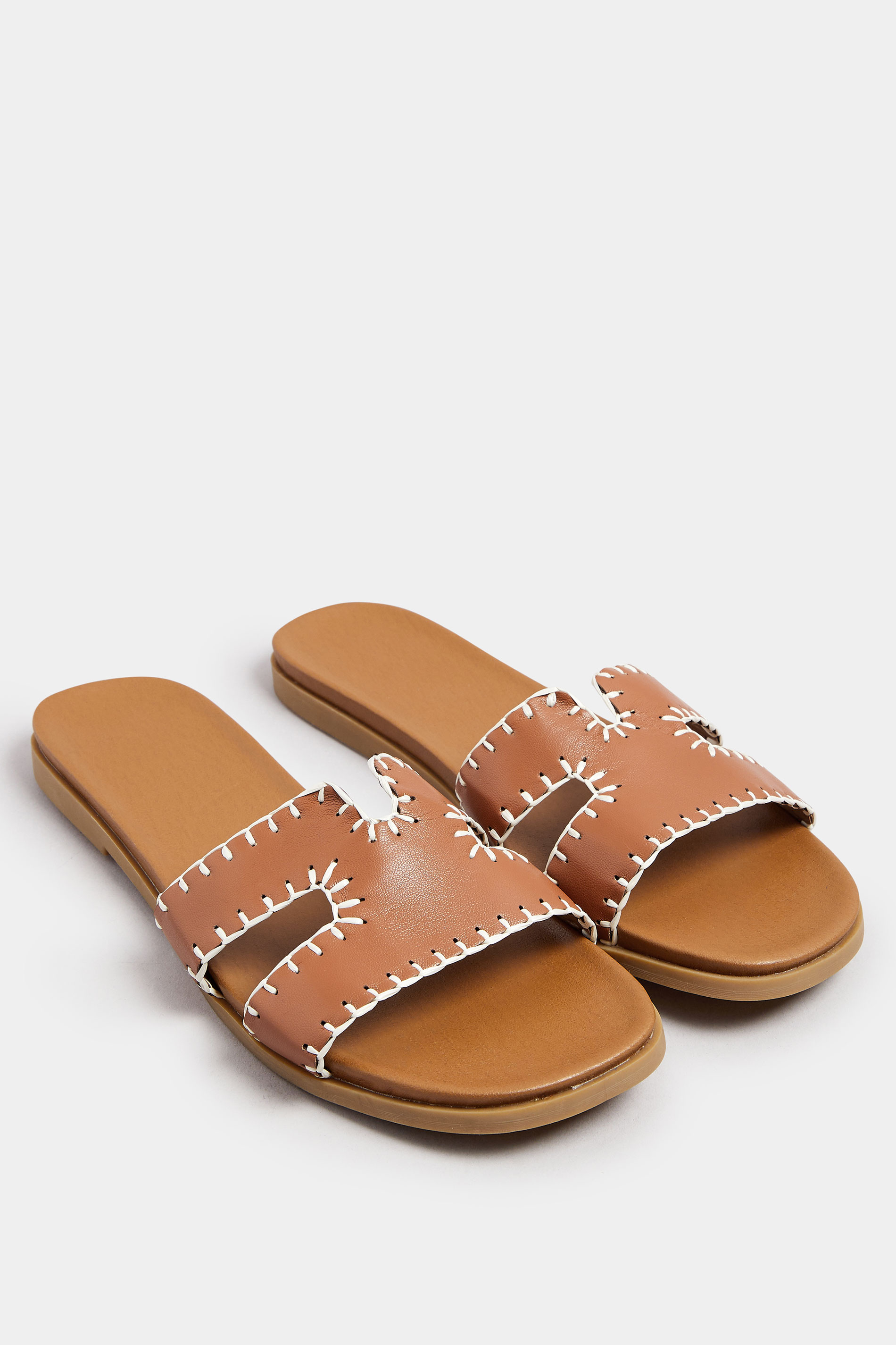 Brown Faux Leather Stitched Mule Sandals In Extra Wide EEE Fit | Yours Clothing 2
