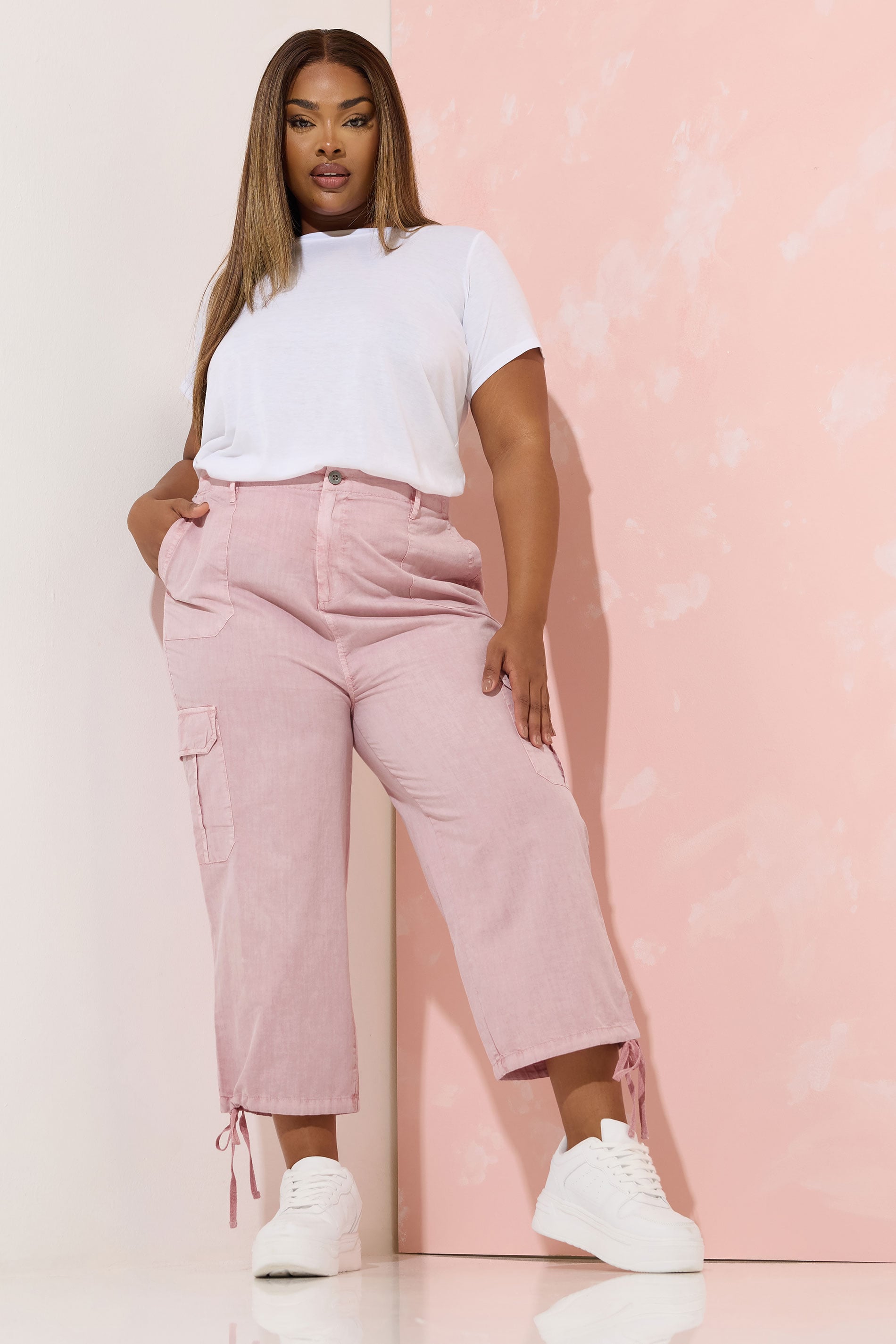 YOURS Plus Size Pink Cotton Cropped Cargo Trousers | Yours Clothing 1