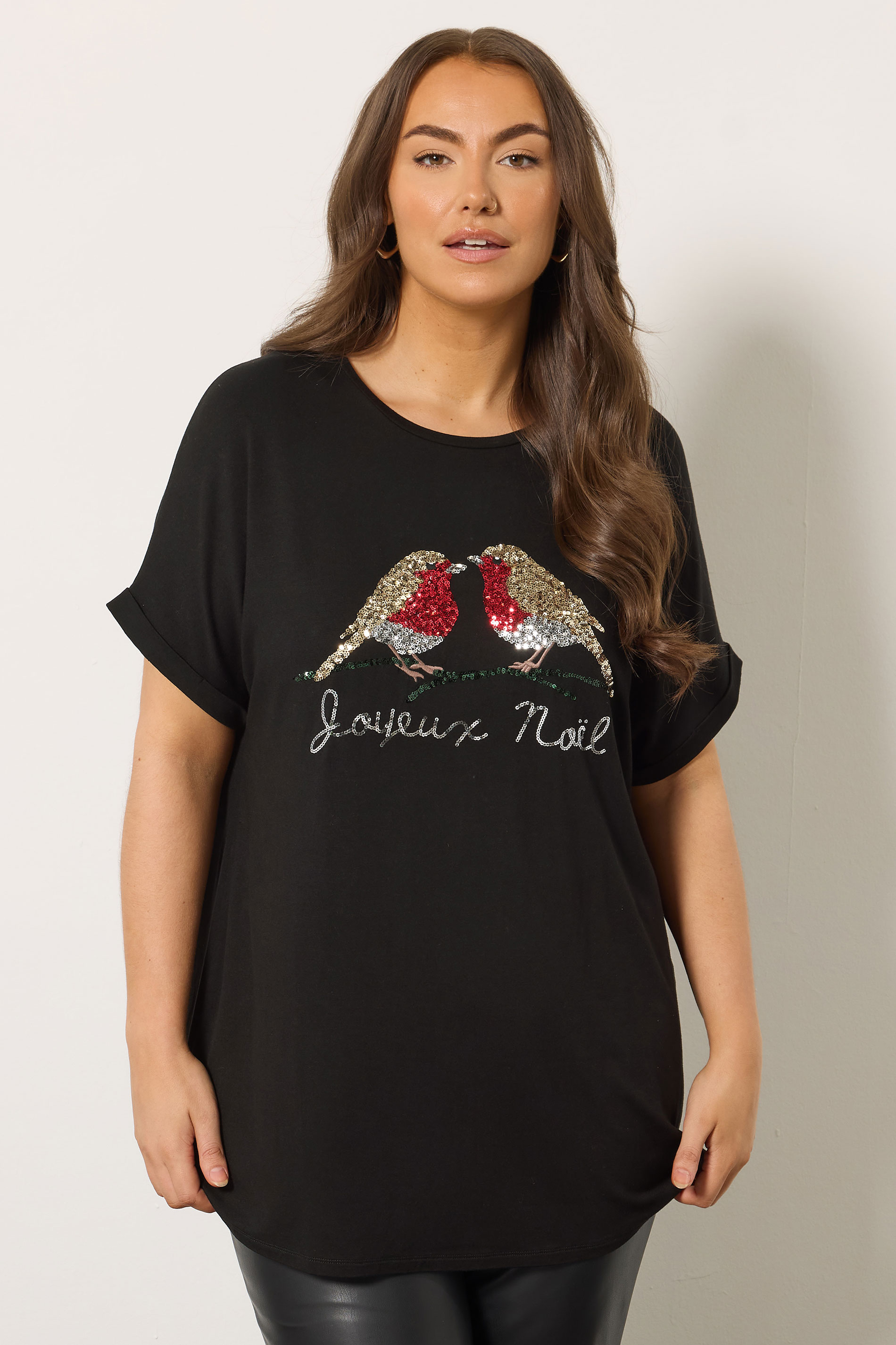 EVANS Plus Size Black Sequin Robin Christmas T-Shirt | Evans 3