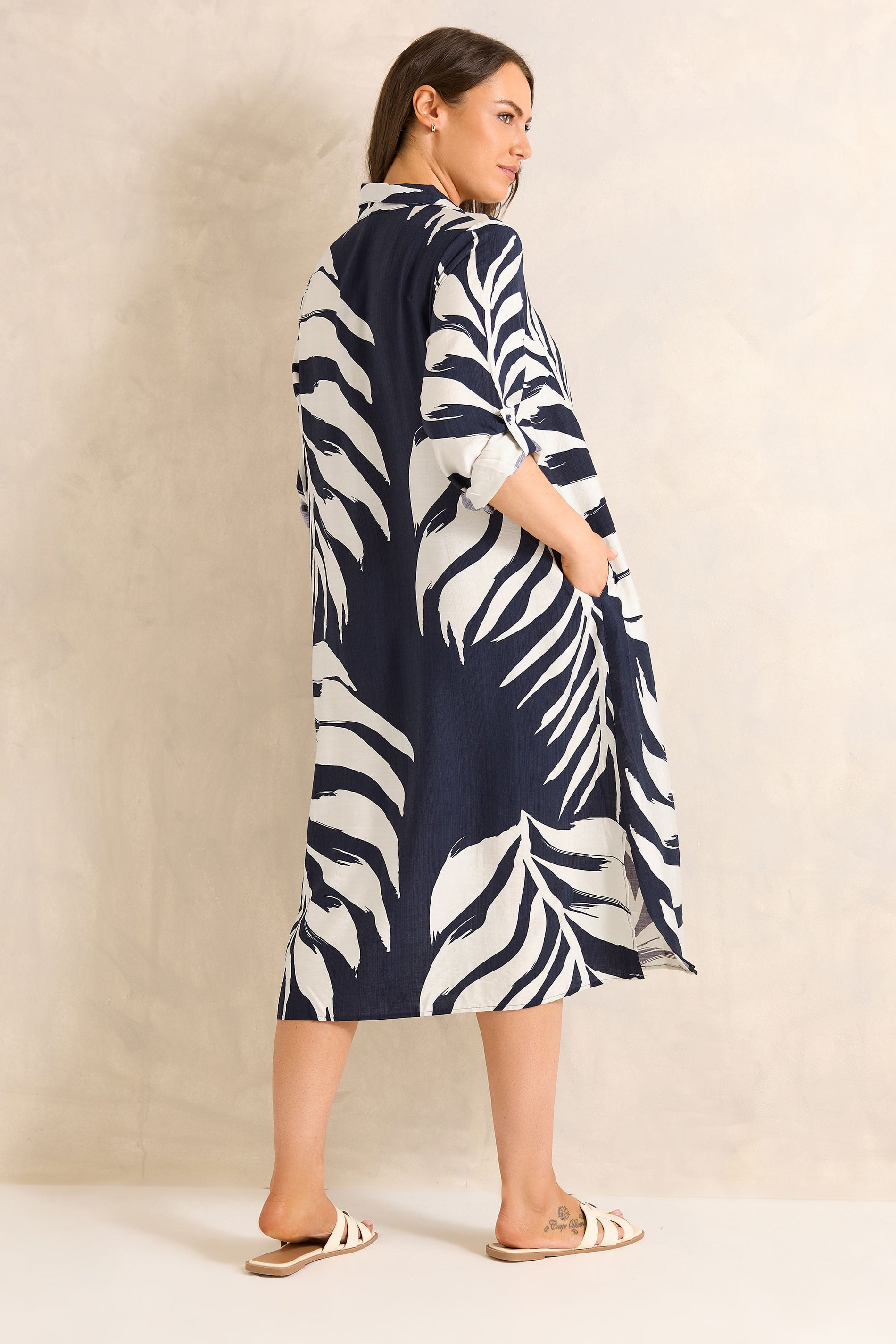 EVANS Plus Size Navy Blue Leaf Print Shirt Dress | Evans 5