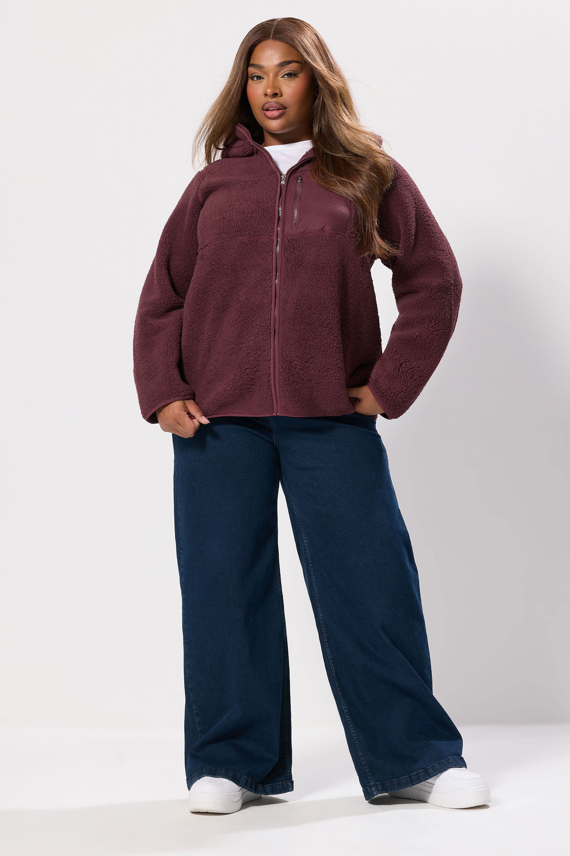 YOURS Plus Size Burgundy Red Hooded Pocket Fleece Jacket | Yours Clothing 2