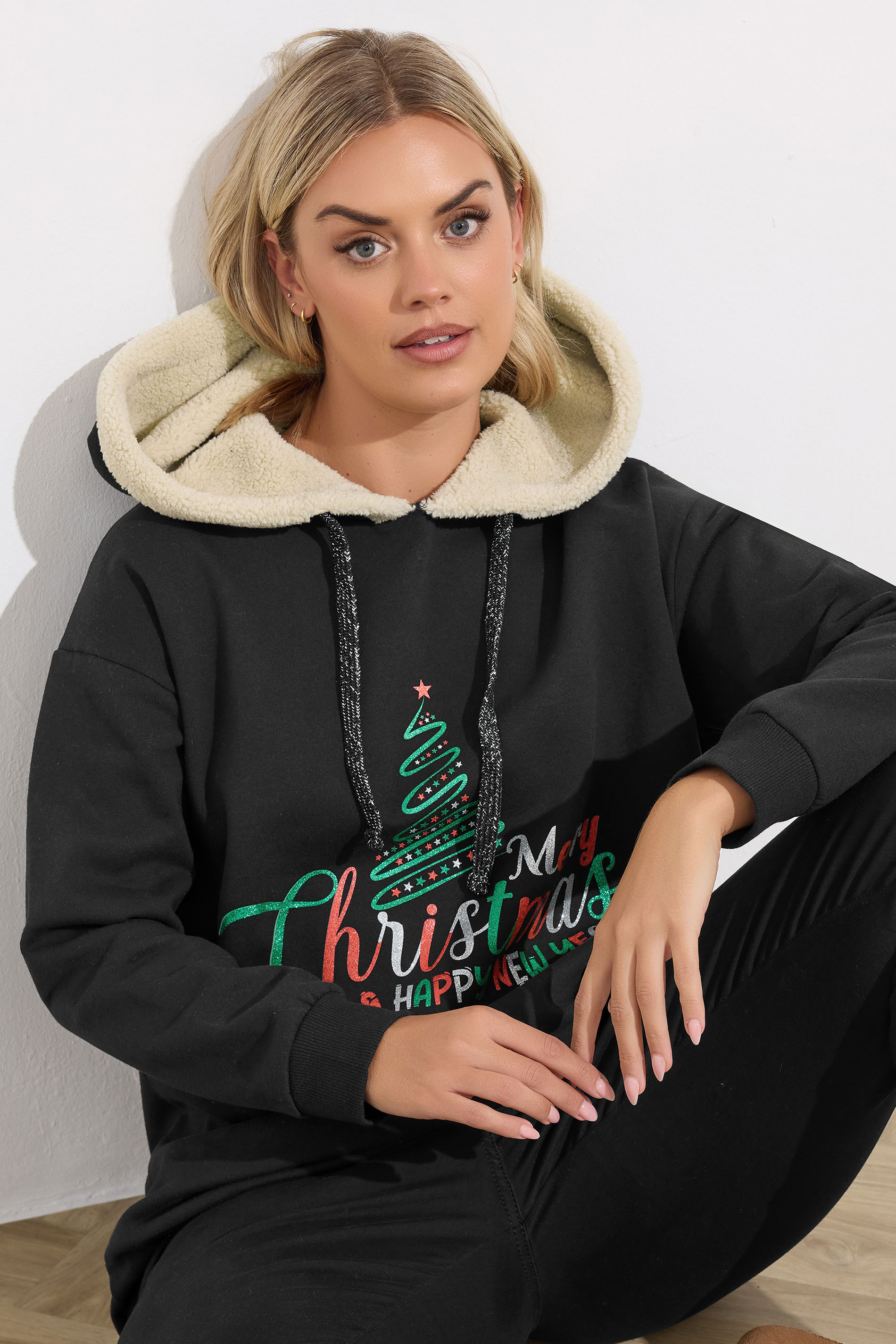YOURS Plus Size Black 'Merry Christmas' Glitter Tree Novelty Hoodie | Yours Clothing 5