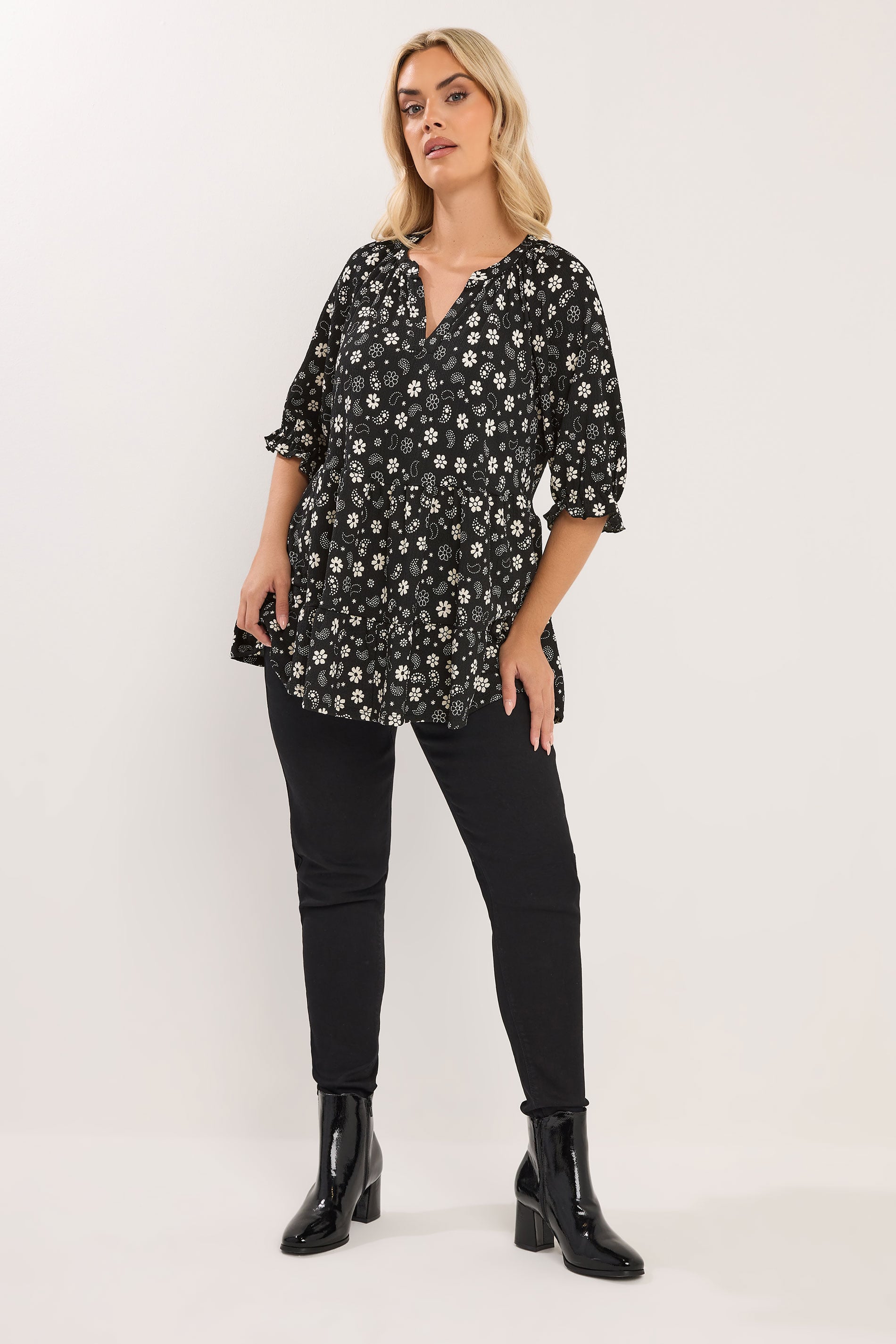 YOURS Plus Size Black Floral Paisley Print Tiered Top | Yours Clothing 1