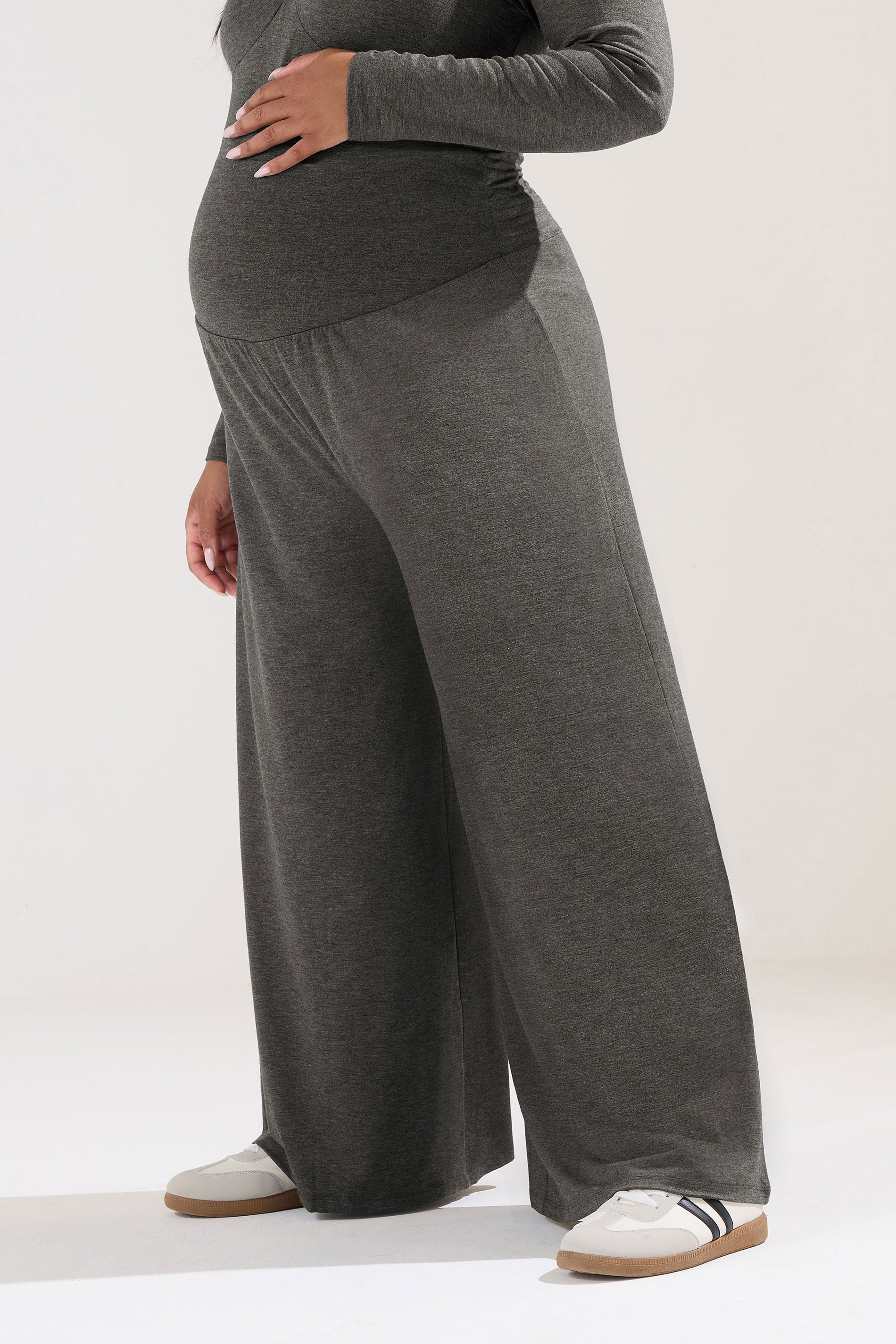 BUMP IT UP MATERNITY Plus Size Charcoal Grey Extra Wide Leg Trousers | Yours Clothing 3