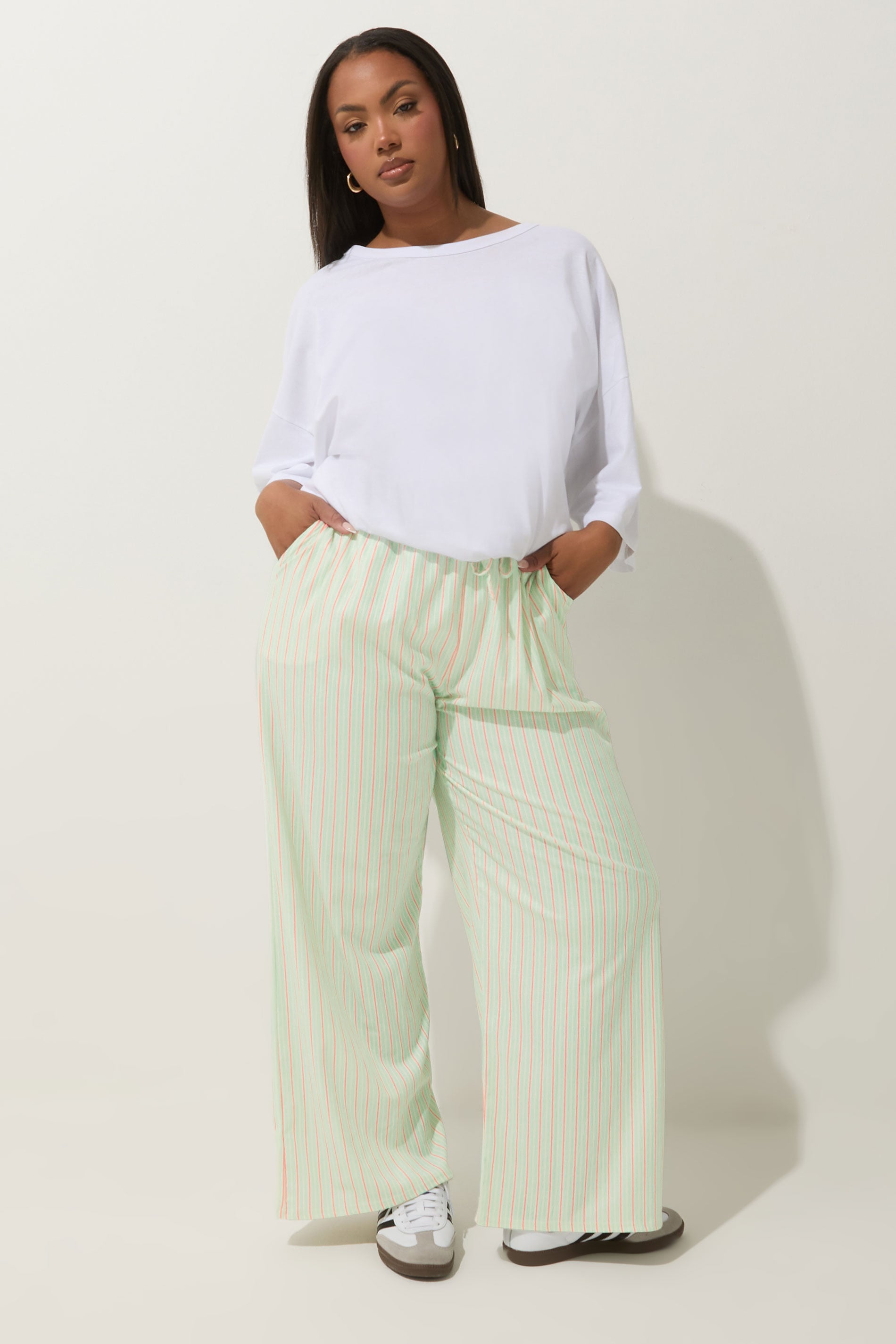 LIMITED COLLECTION Plus Size Mint Green & Pink Stripe Wide Leg Trousers | Yours Clothing 3