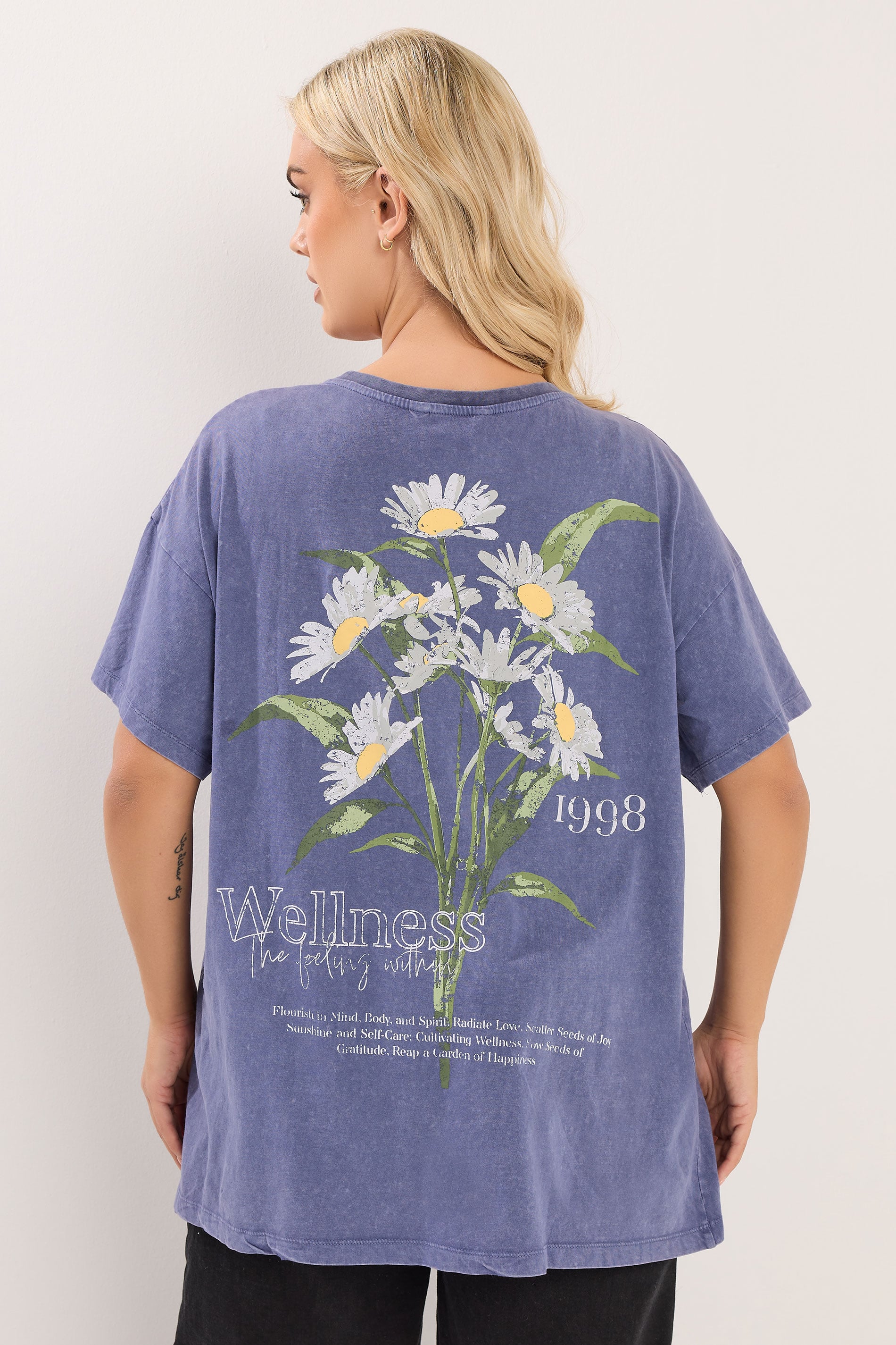 YOURS Plus Size Blue 'Wellness' Daisy Back Print T-Shirt | Yours Clothing 4
