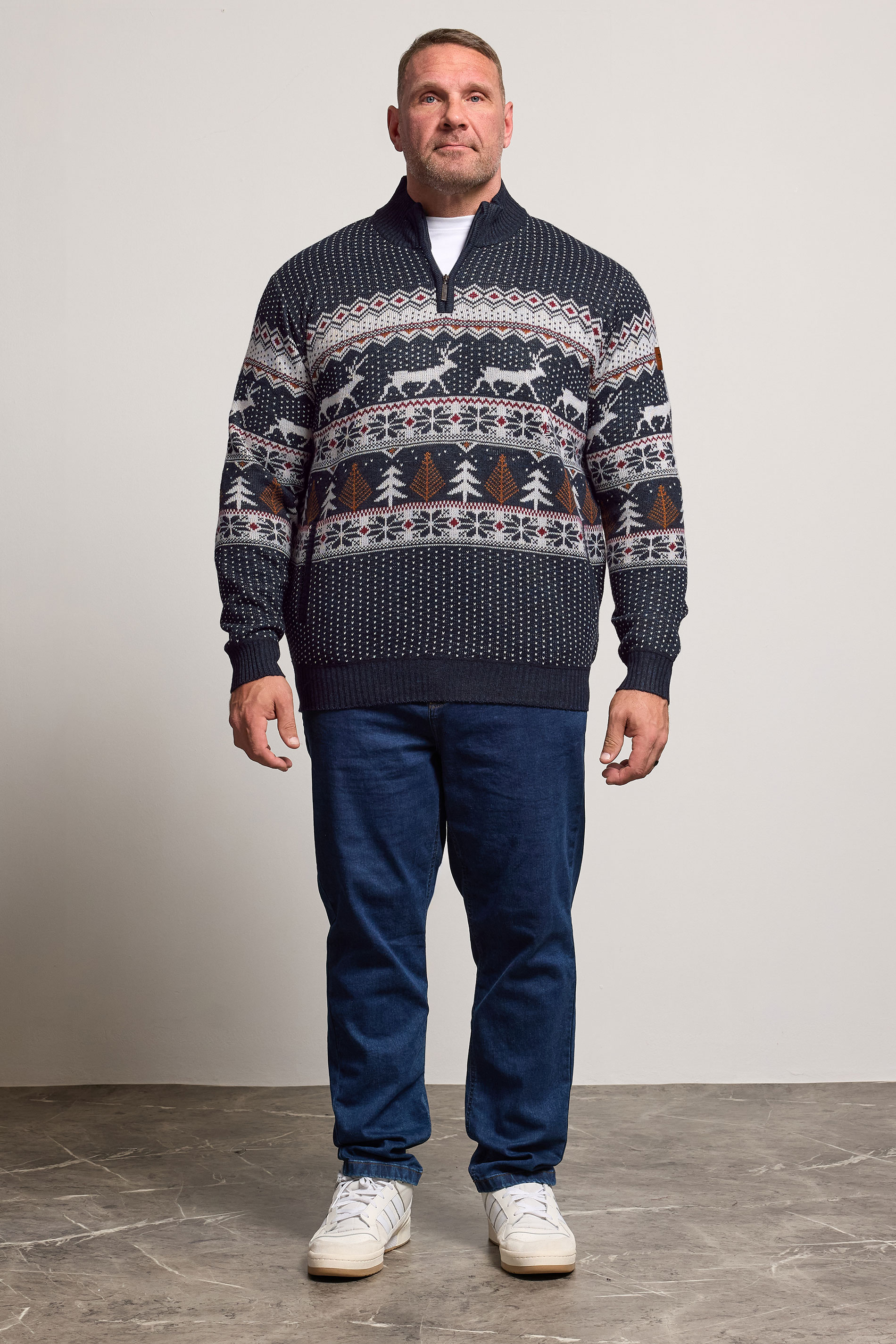 D555 Big & Tall Navy Blue Christmas Quarter Zip Jumper | BadRhino 1