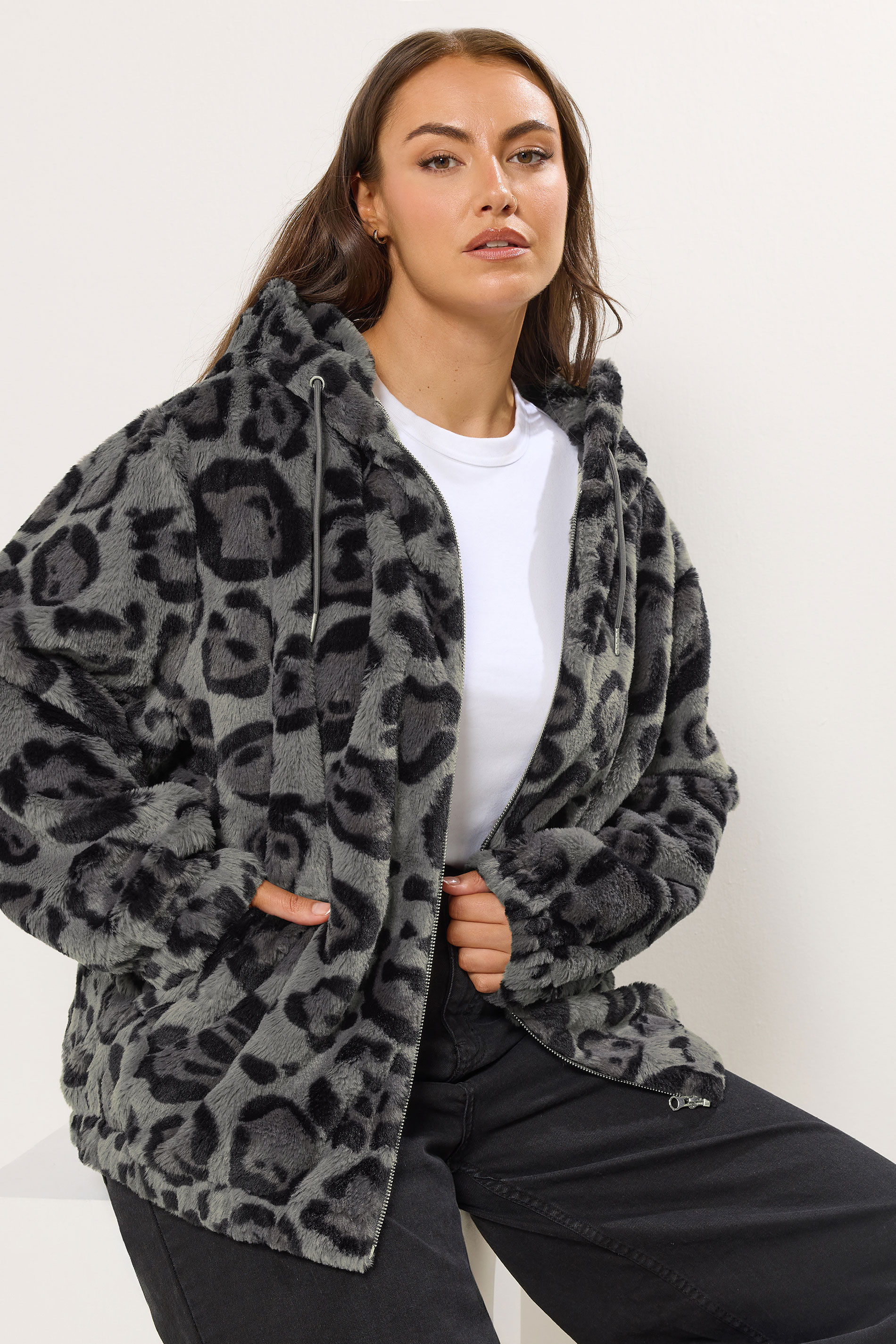 YOURS Plus Size Grey Leopard Print Faux Fur Hooded Jacket | Yours Clothing 1
