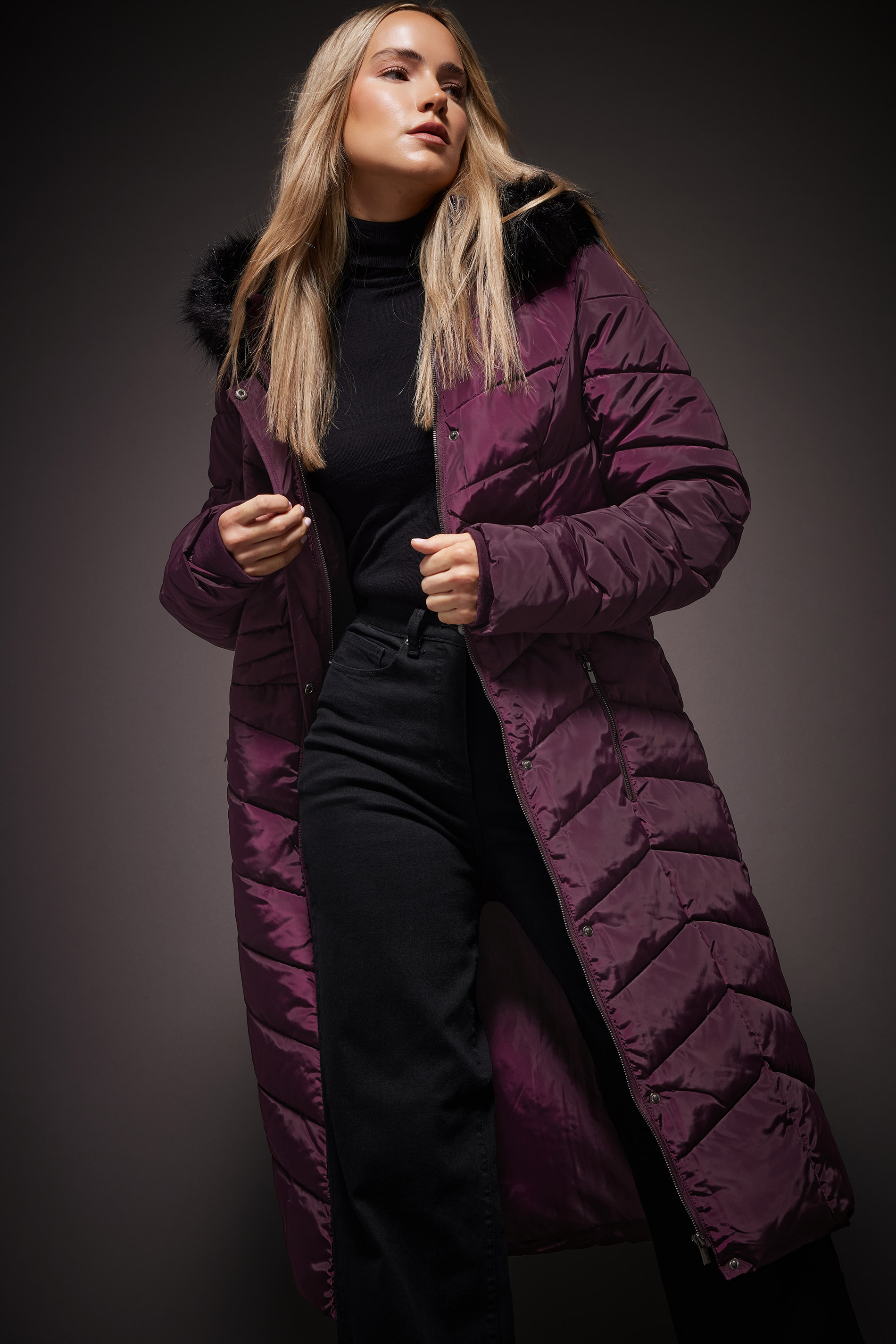 LTS Tall Women's Burgundy Red Faux Fur Trim Padded Longline Coat | Long Tall Sally 3