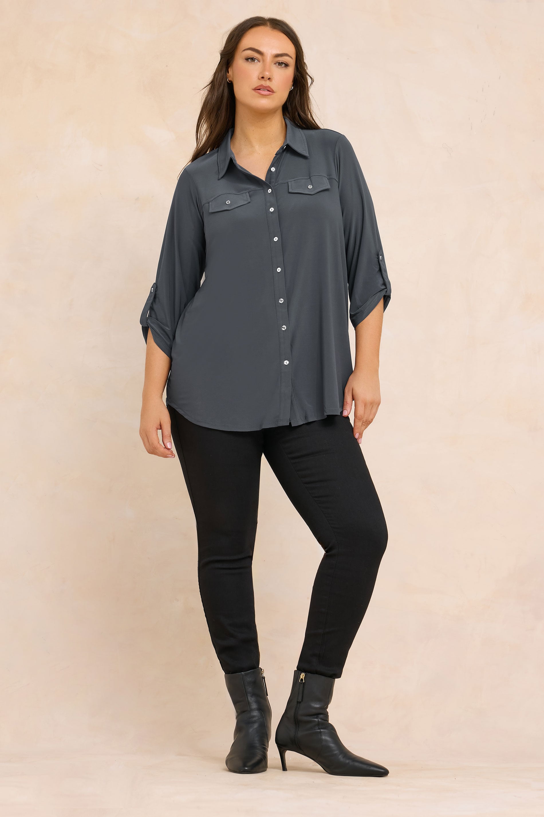 EVANS Plus Size Charcoal Grey Tab Sleeve Blouse | Evans 1