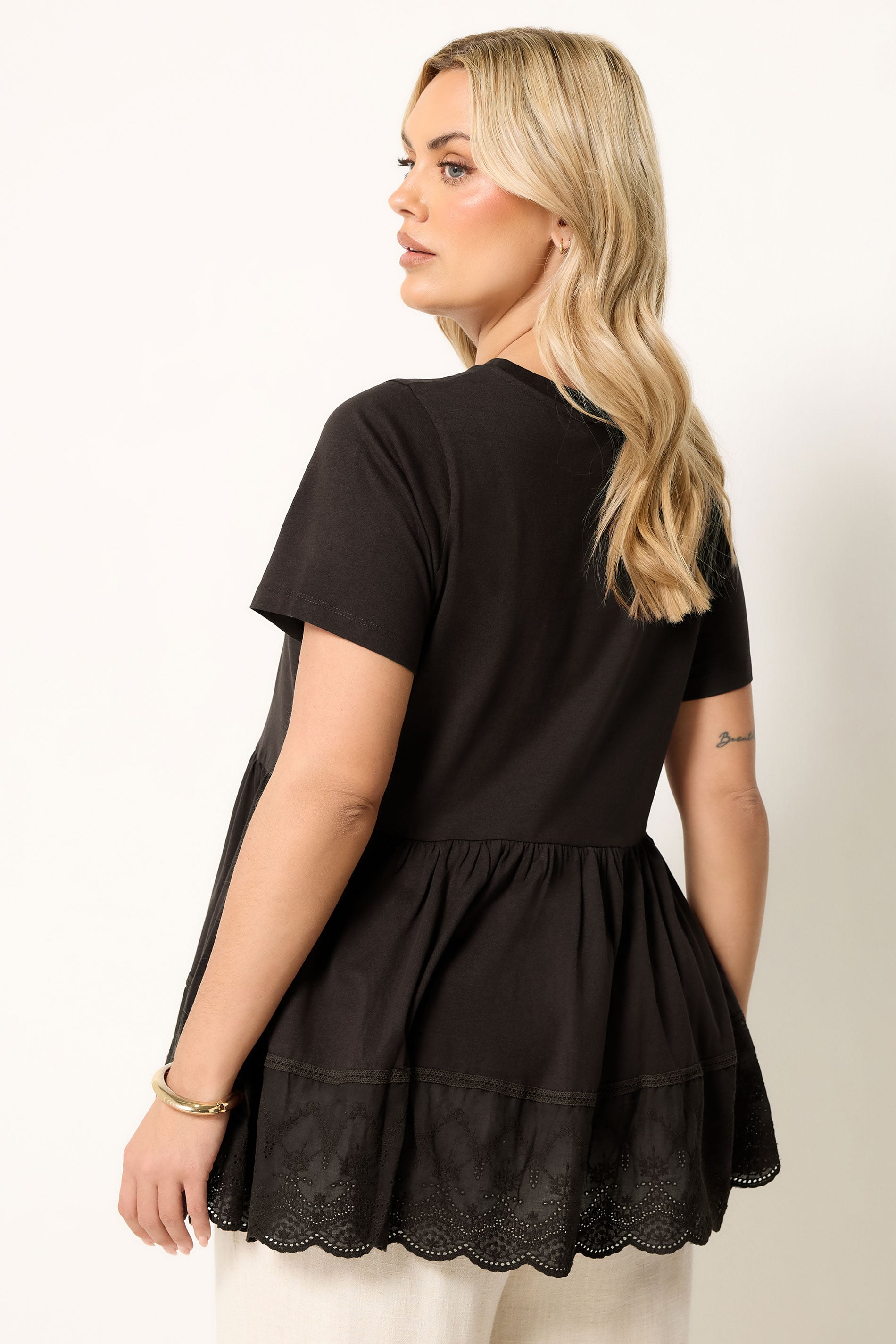 YOURS Plus Size Brown Broderie Anglaise Trim Peplum Top | Yours Clothing 2