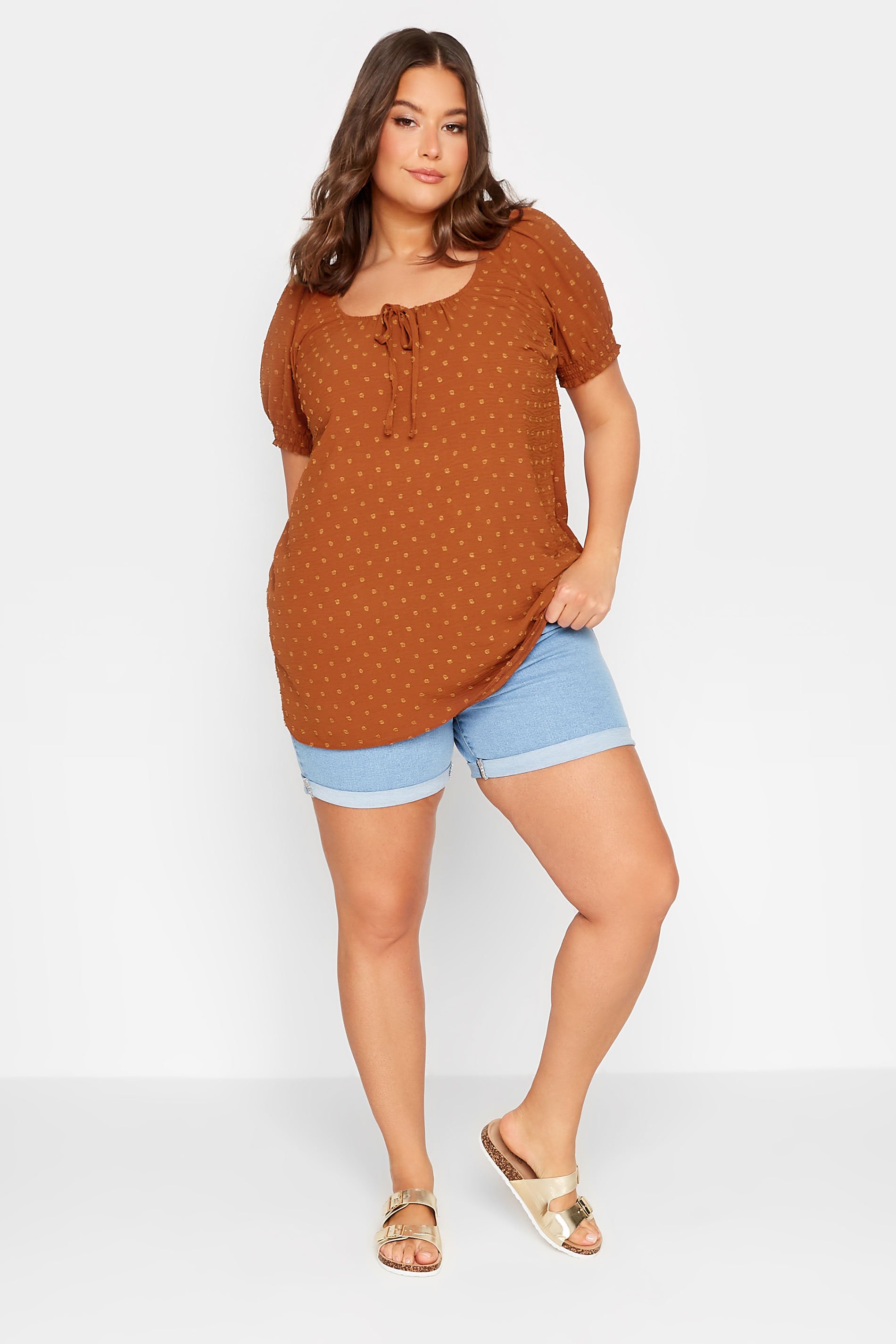 YOURS Curve Plus Size Orange Dobby Tie Neck Top | Yours Clothing  2