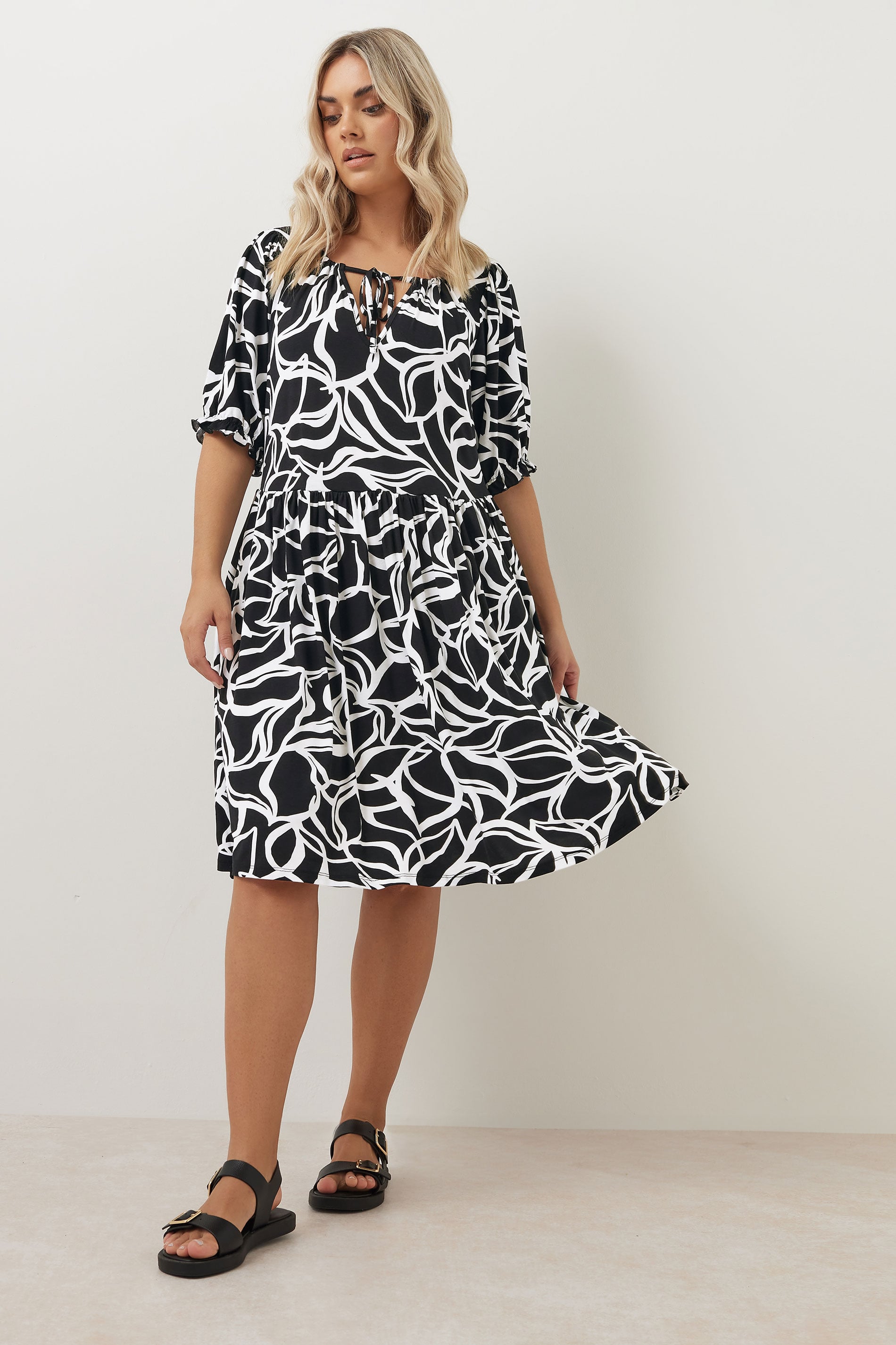 YOURS Plus Size Black Abstract Print Tie Neck Midi Dress | Yours Clothing 1