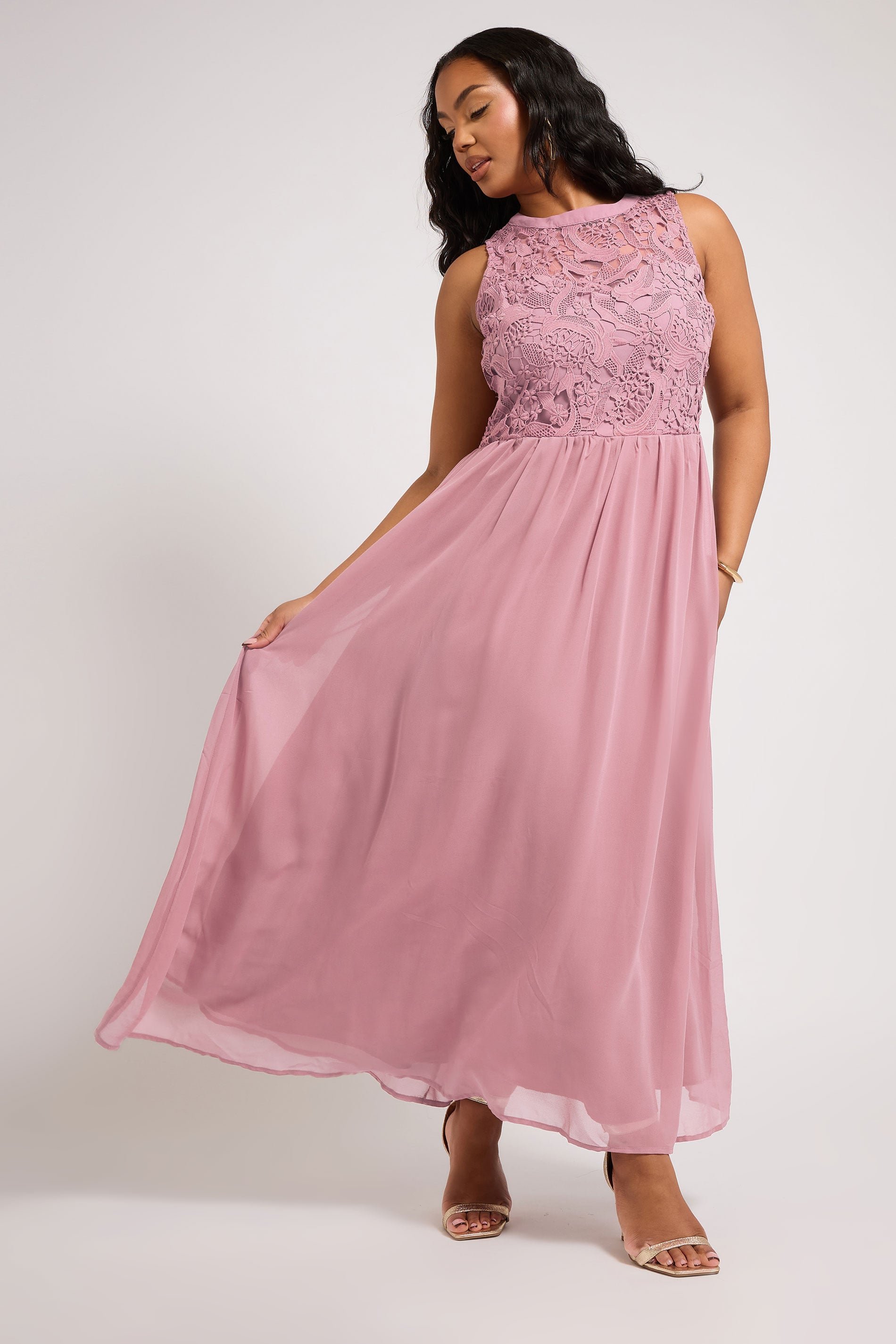 Plus Size YOURS LONDON Curve Pink Lace Front Chiffon Maxi Bridesmaid Dress | Yours Clothing  1