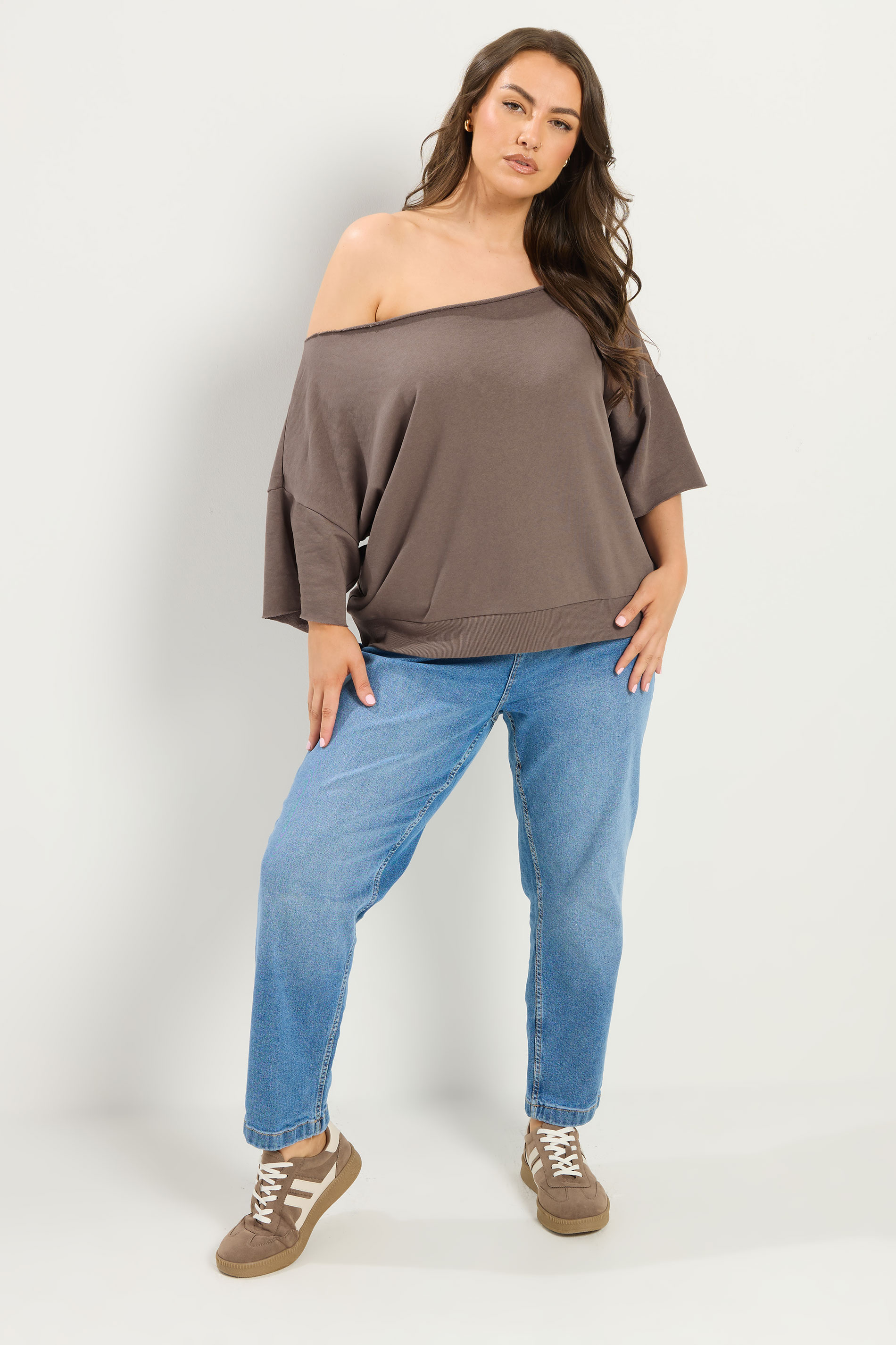 YOURS Plus Size Brown Off Shoulder Sweatshirt | Yours Clothing 1