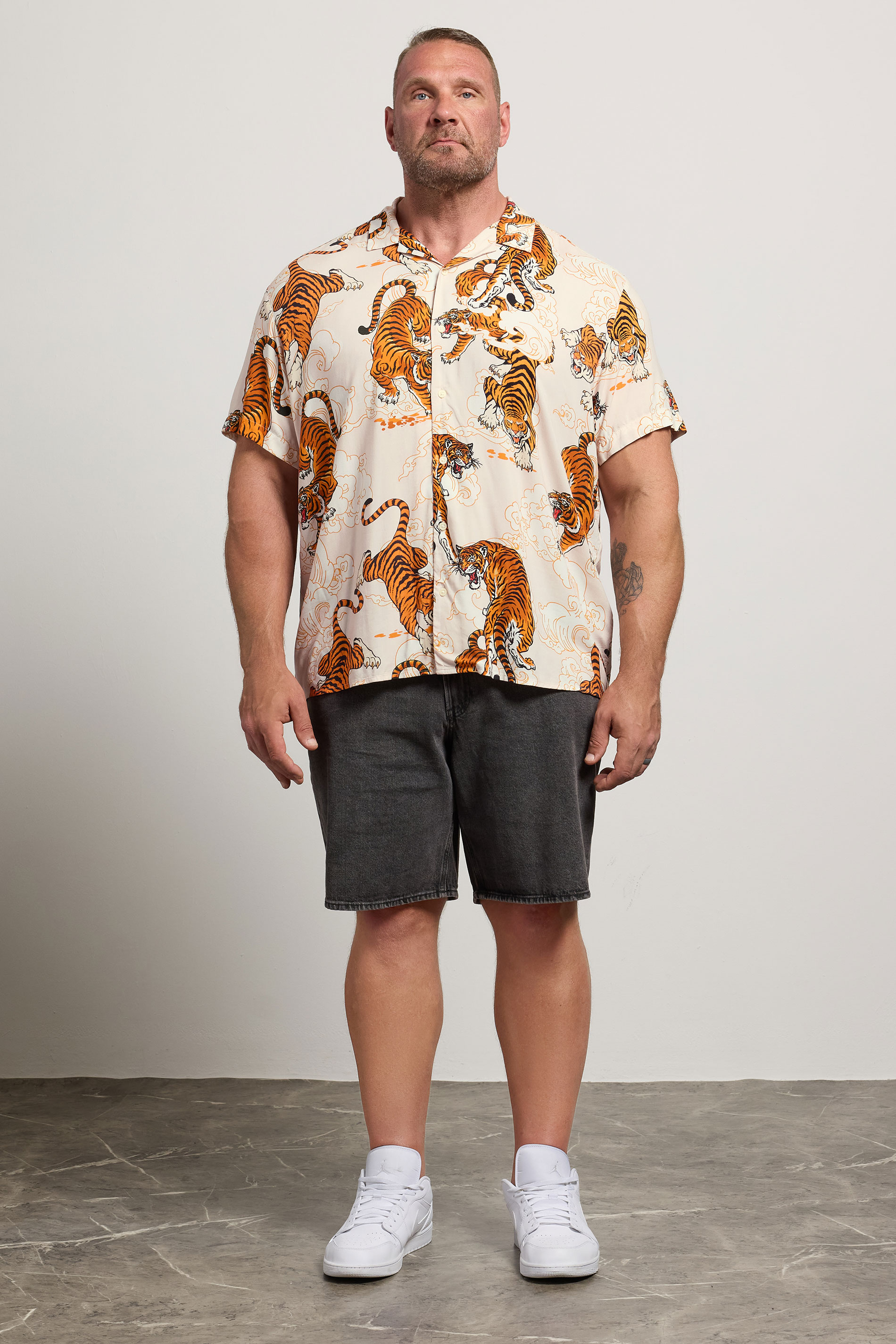 JACK & JONES Big & Tall Cream Tiger Print Resort Shirt | Badrhino 1