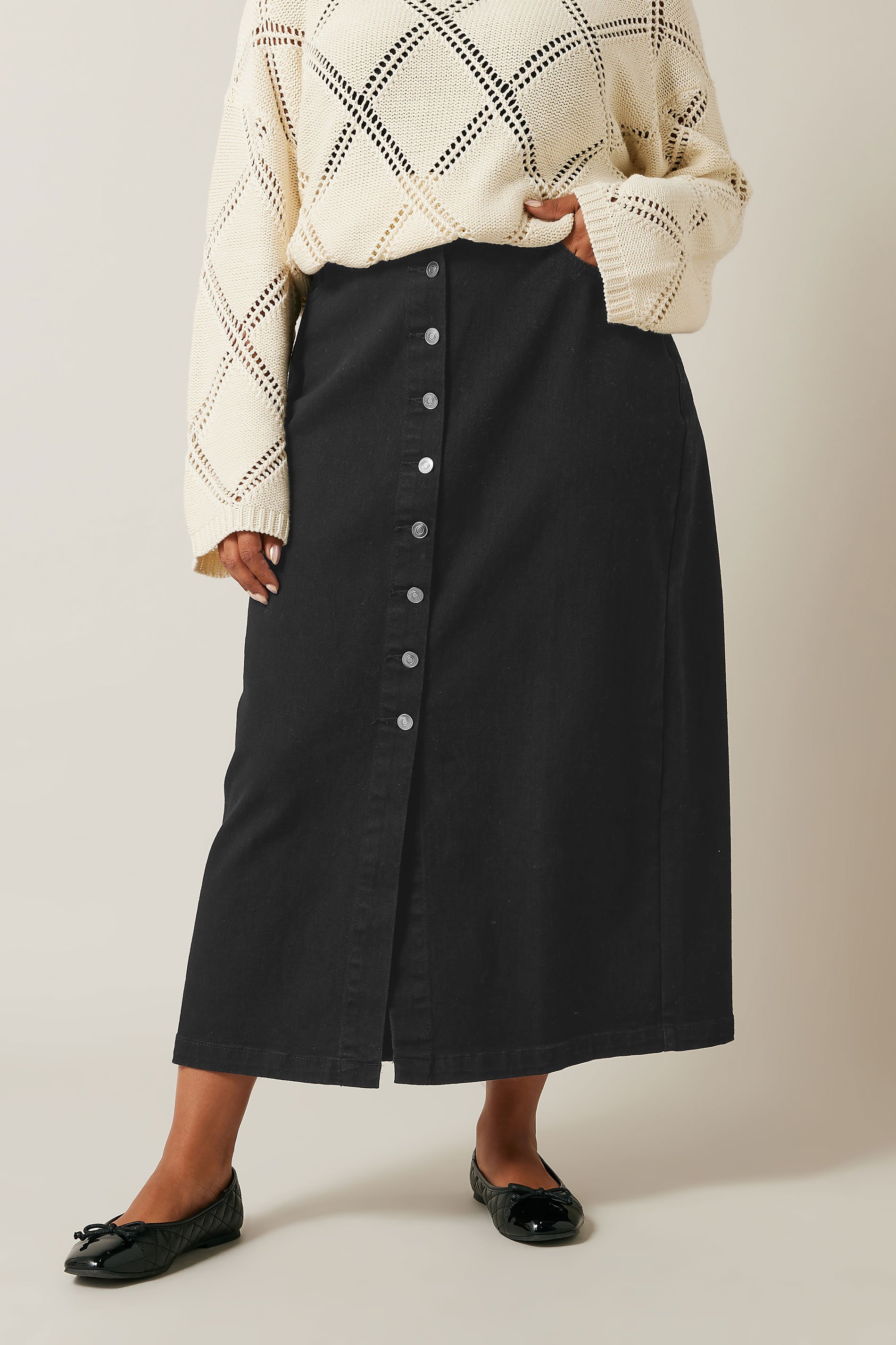 EVANS Plus Size Black Button Through Denim Maxi Skirt Evans