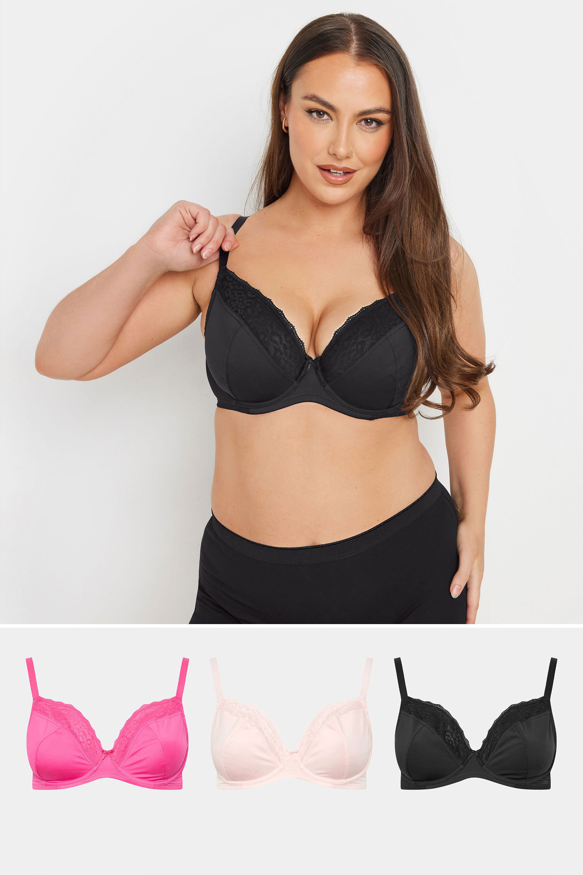 YOURSET 3 PACK Plus Size Black & Pink Animal Mesh Underwired Bras | Yours Clothing 1