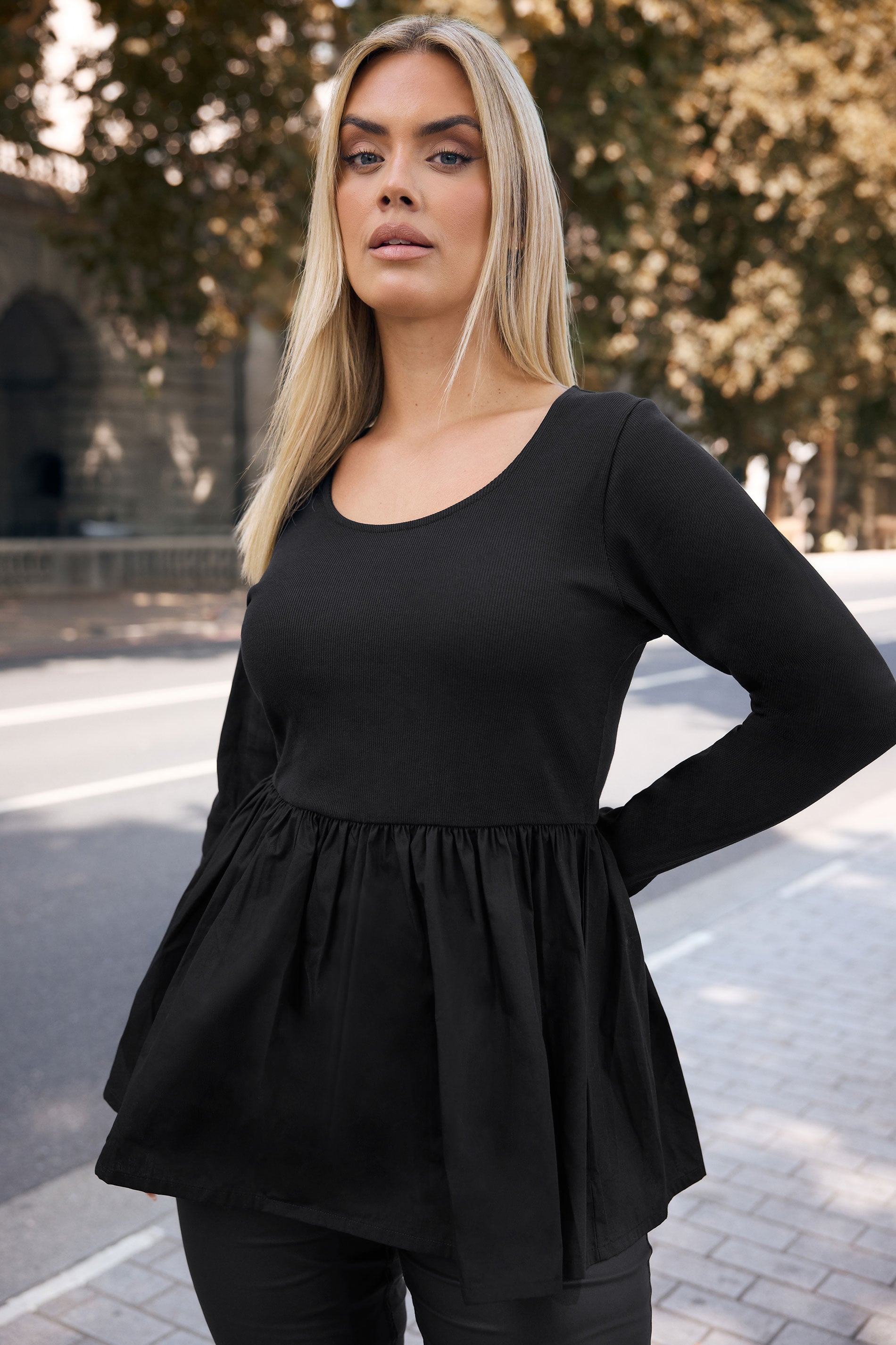 YOURS Plus Size Black Mixed Rib Peplum Top | Yours Clothing 3
