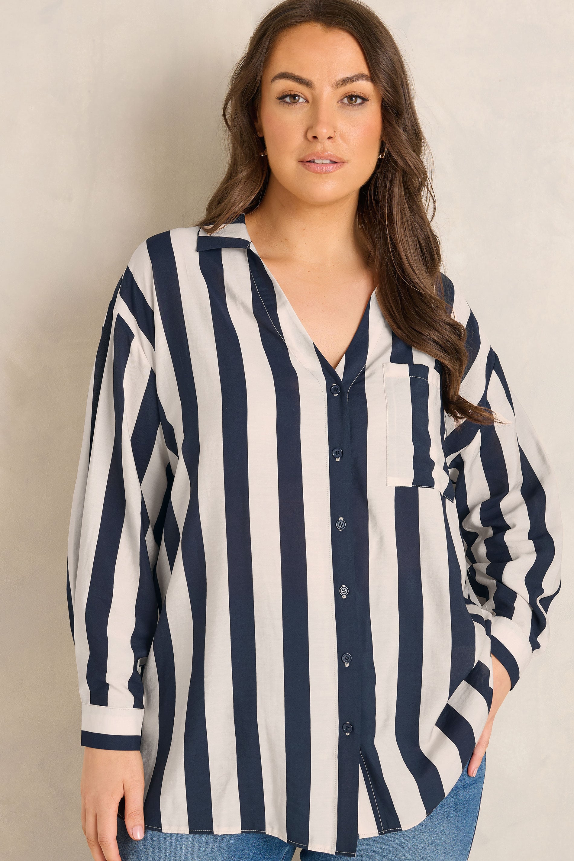EVANS Plus Size Navy Blue & Cream Stiped Shirt | Evans 3