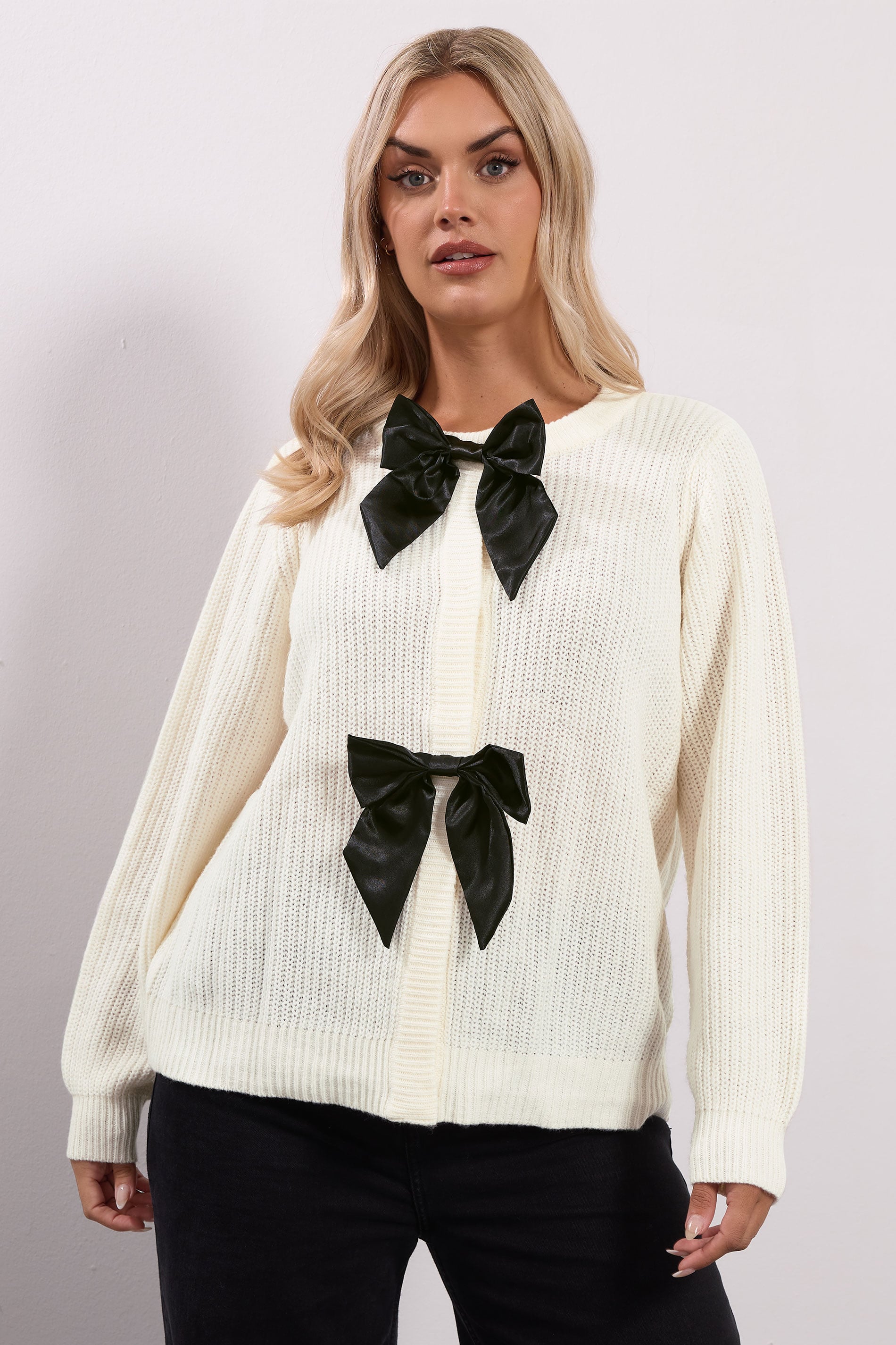 YOURS Plus Size Ivory White Pearl Bow Front Through Cardigan 3