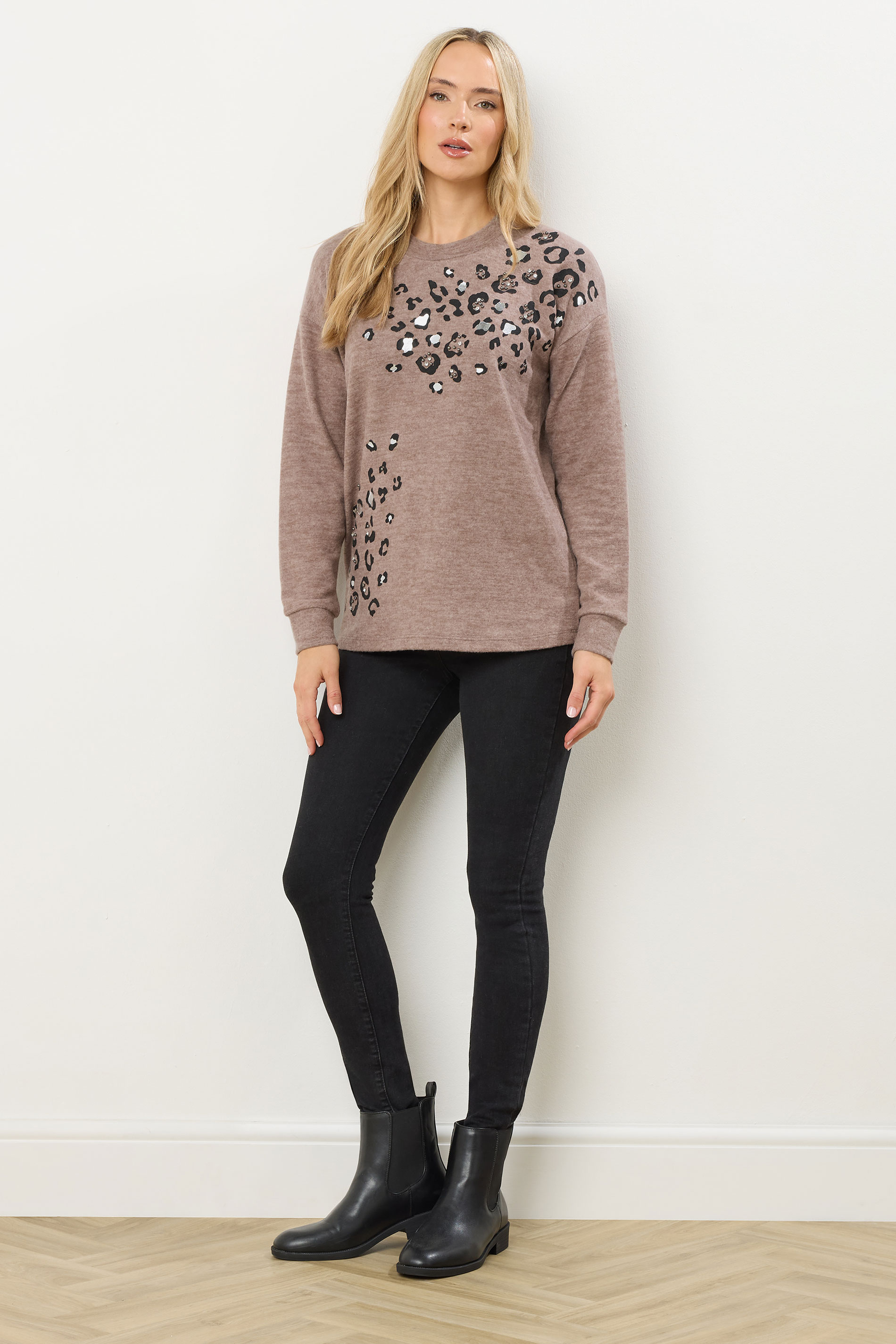 LTS Tall Brown Animal Embellished Jumper | Long Tall Sally 1
