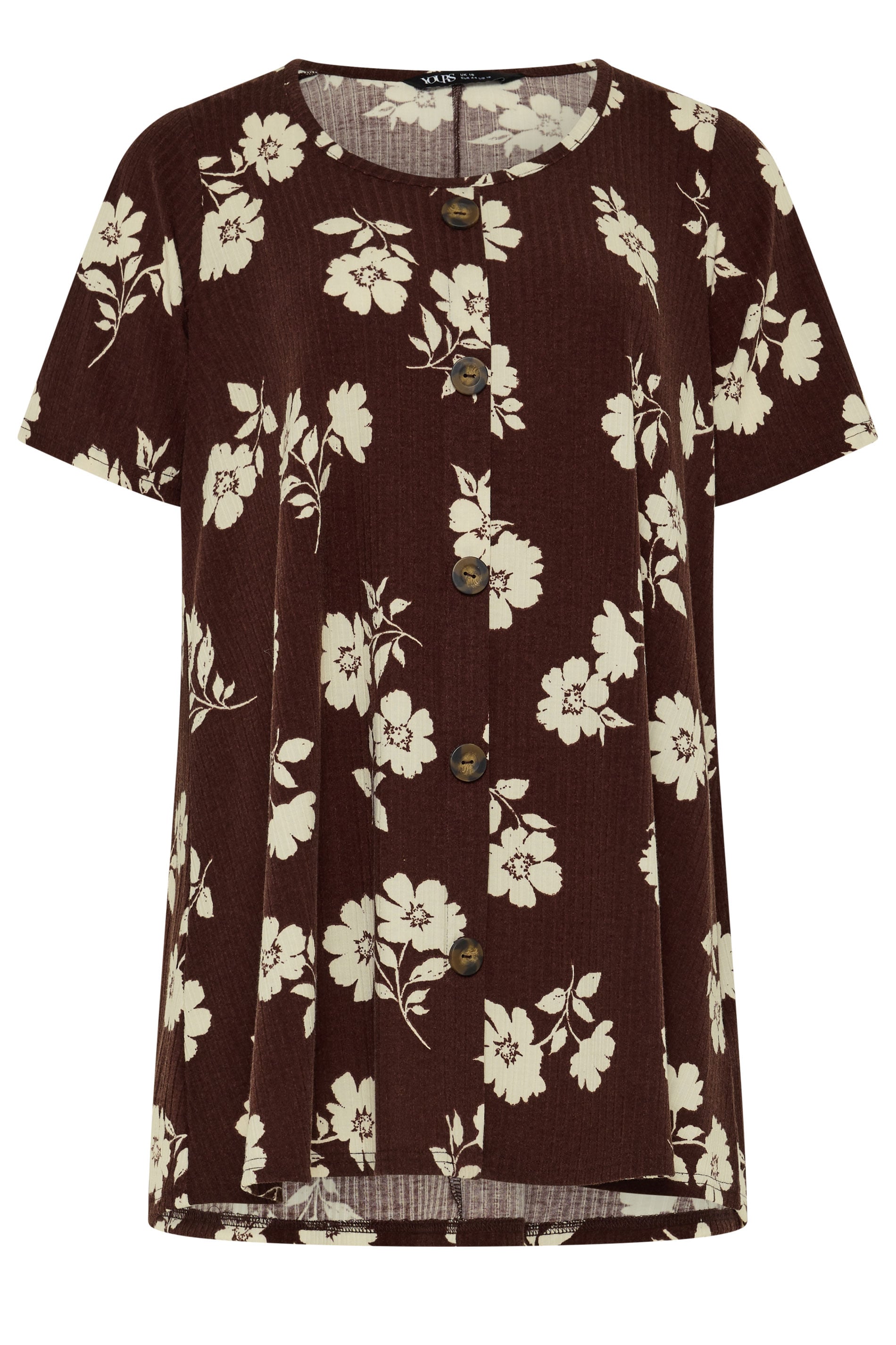 YOURS Plus Size Brown Floral Button Front Ribbed Swing Top | Yours Clothing 5