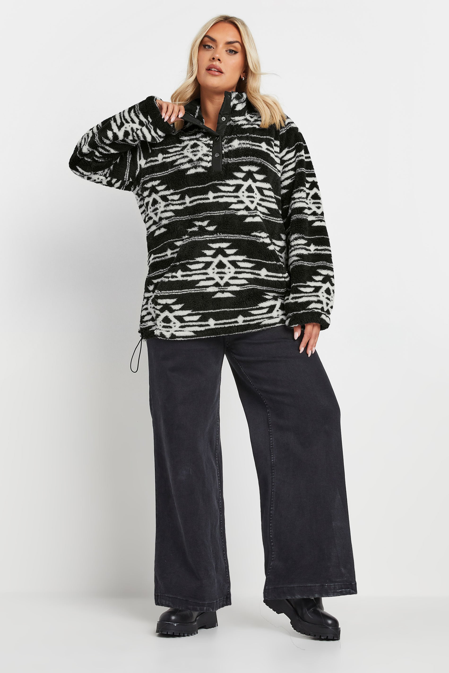 YOURS Plus Size Black & White Aztec Print Fleece | Yours Clothing  1
