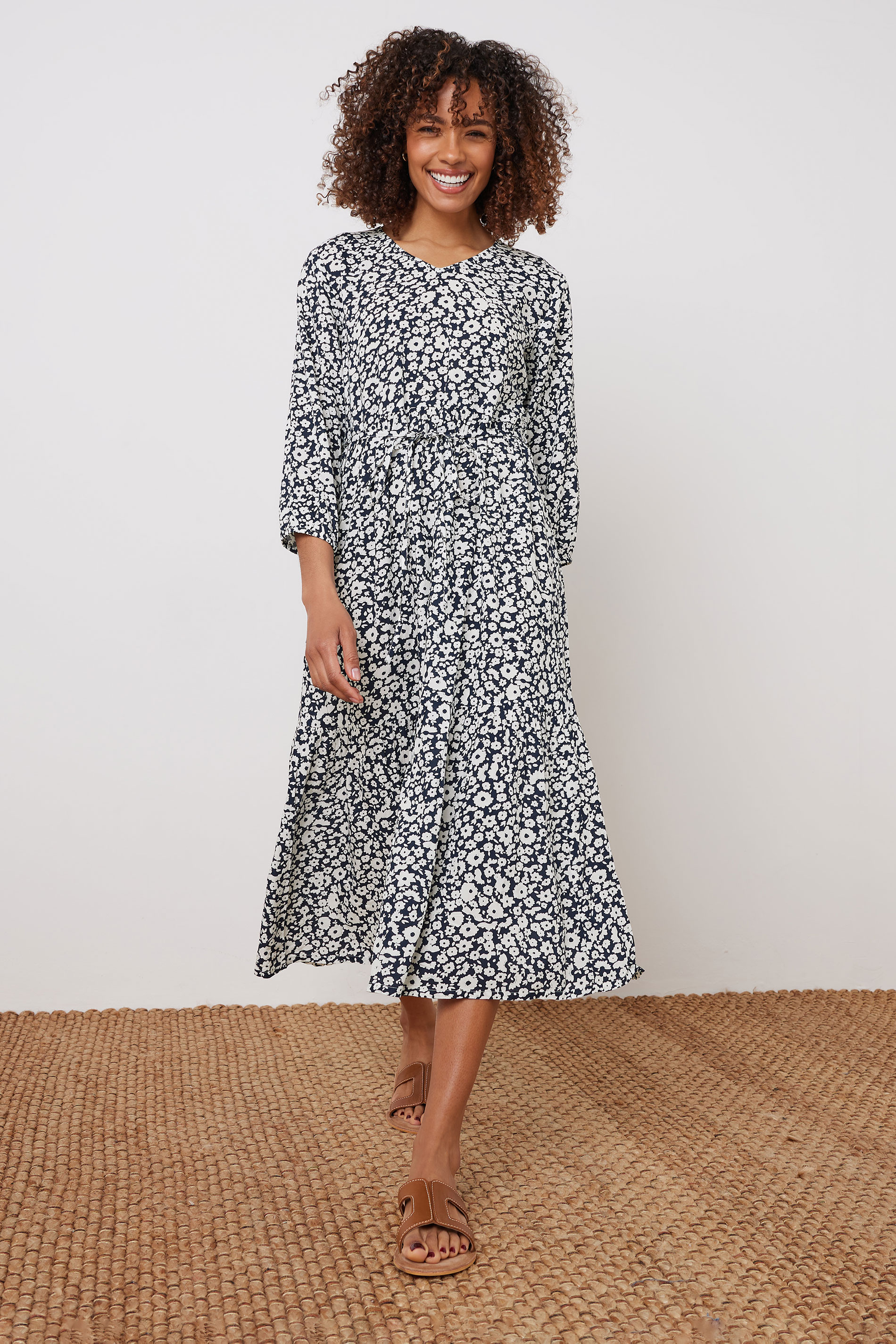 M&Co Navy Blue Floral Print Tiered Midi Dress | M&Co 4