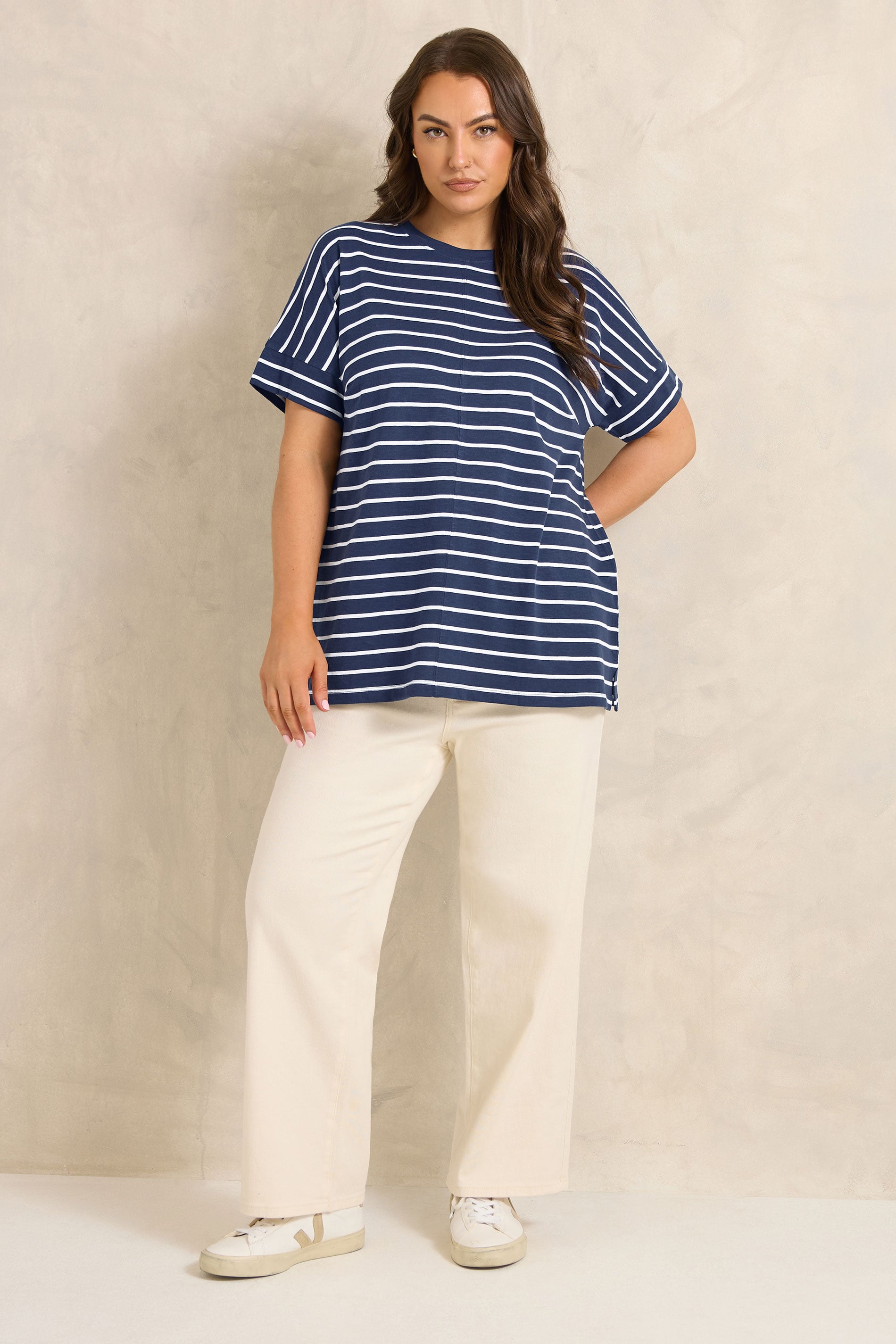 EVANS Plus Size Navy Blue Stripe Cotton T-Shirt | Evans 1