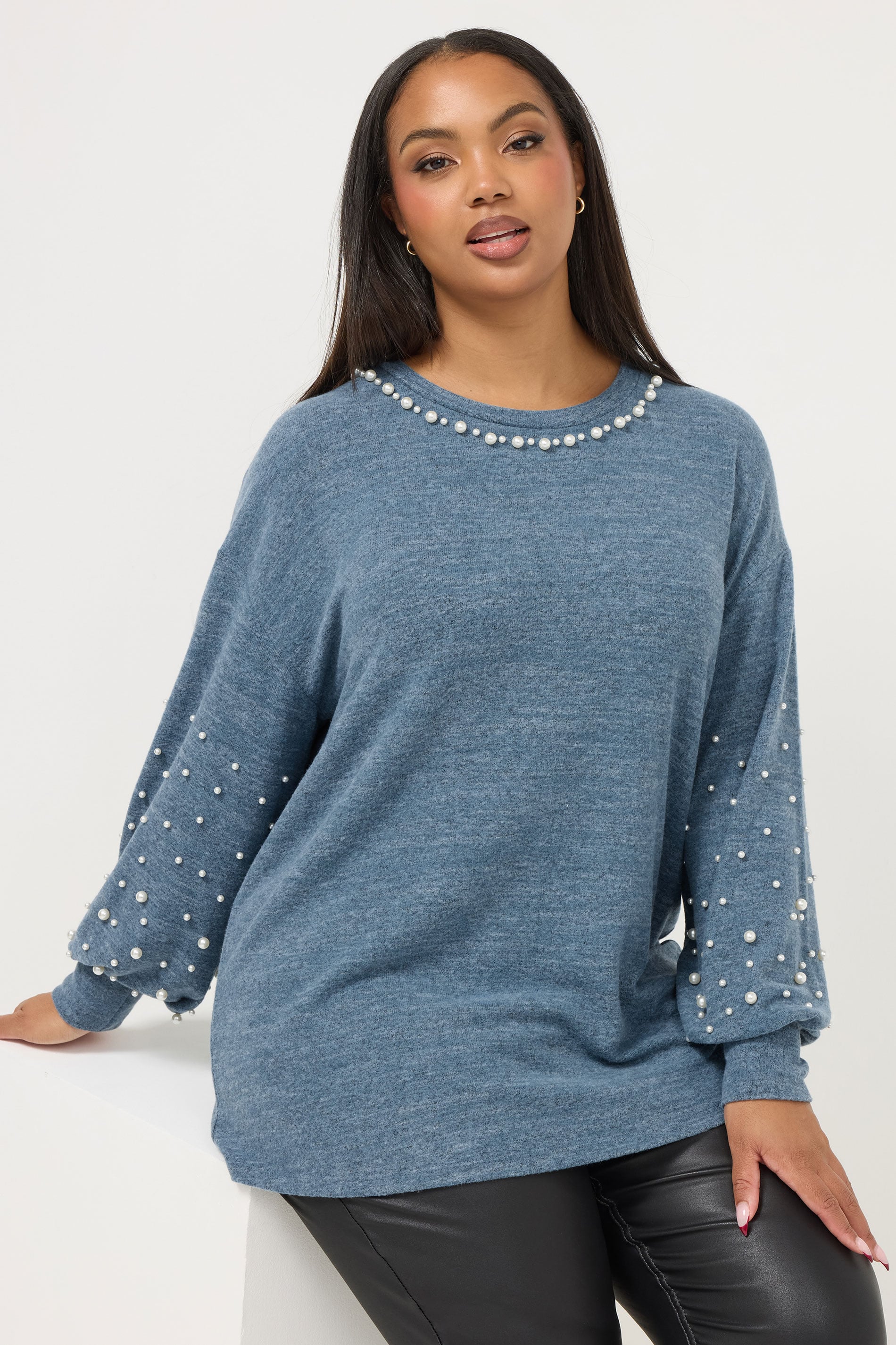YOURS Plus Size Blue Pearl Embellished Jumper | Yours Clothing 3