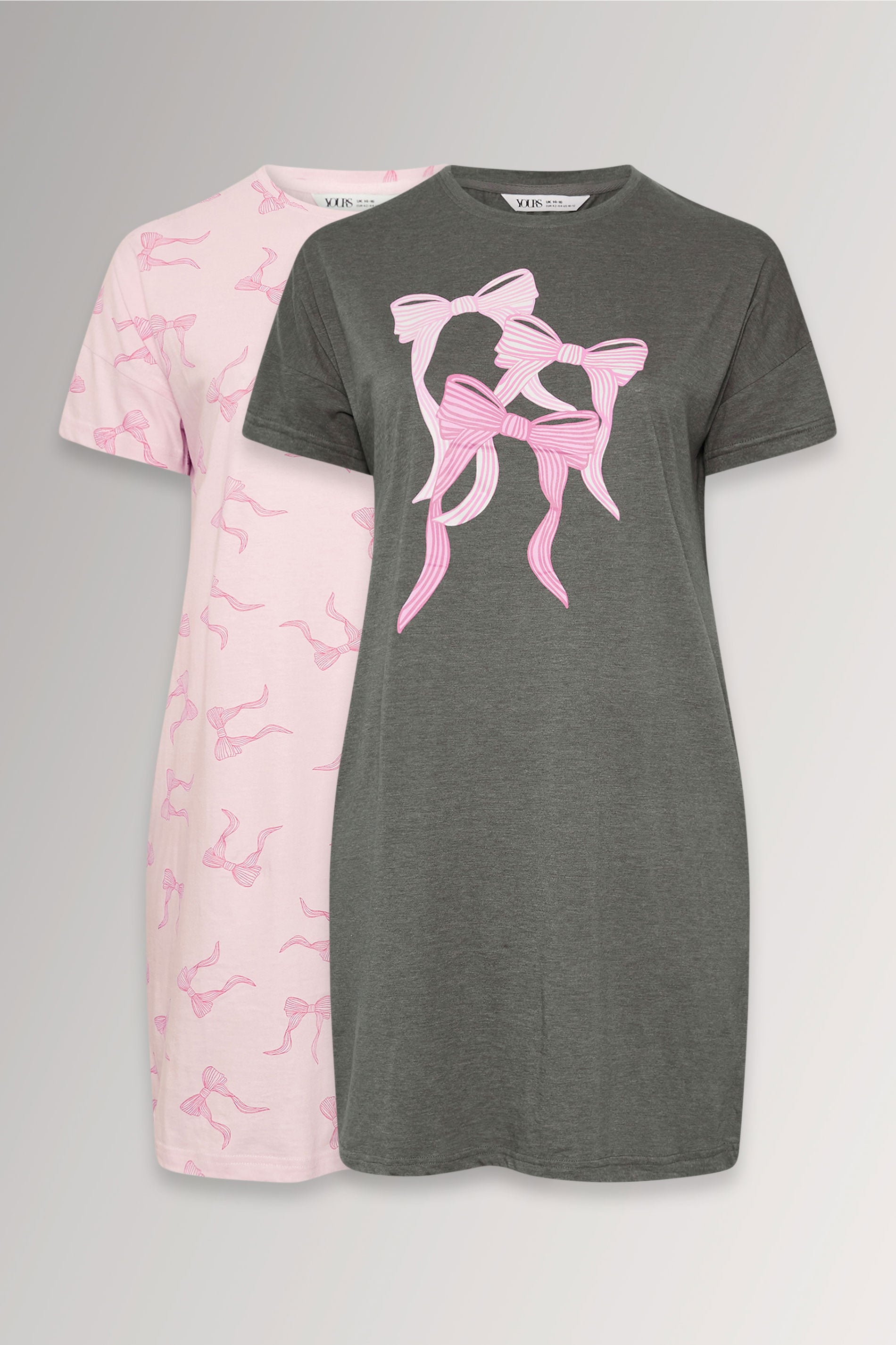 YOURSET Plus Size 2 PACK Grey & Pink Bow Print Nightdresses | Yours Clothing 3