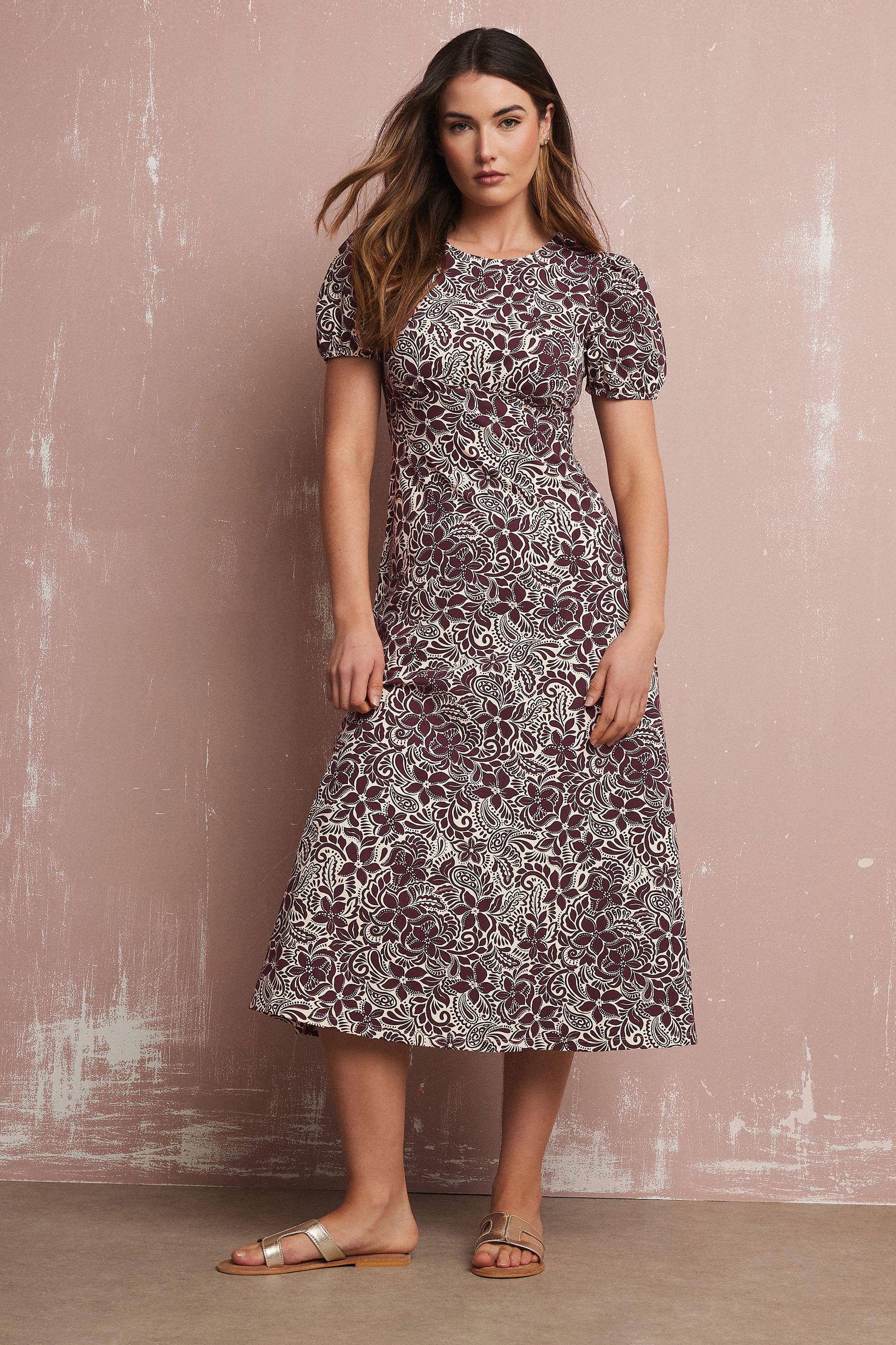 LTS Tall Purple Floral Puff Sleeve Midi Dress | Long Tall Sally 3