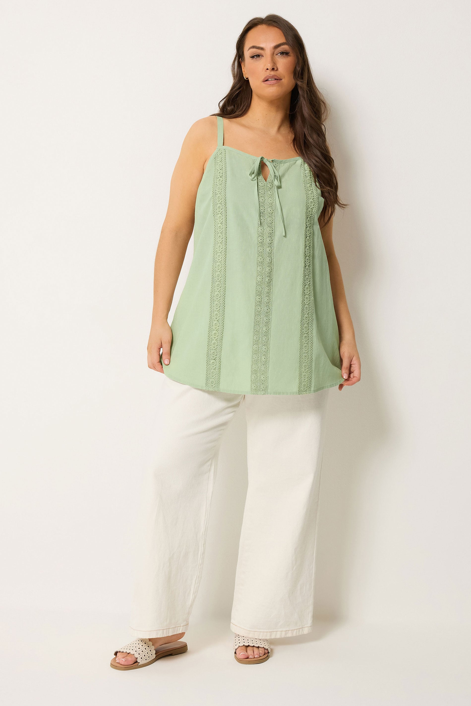 YOURS Plus Size Green Crochet Linen Cami Vest Top | Yours Clothing 1