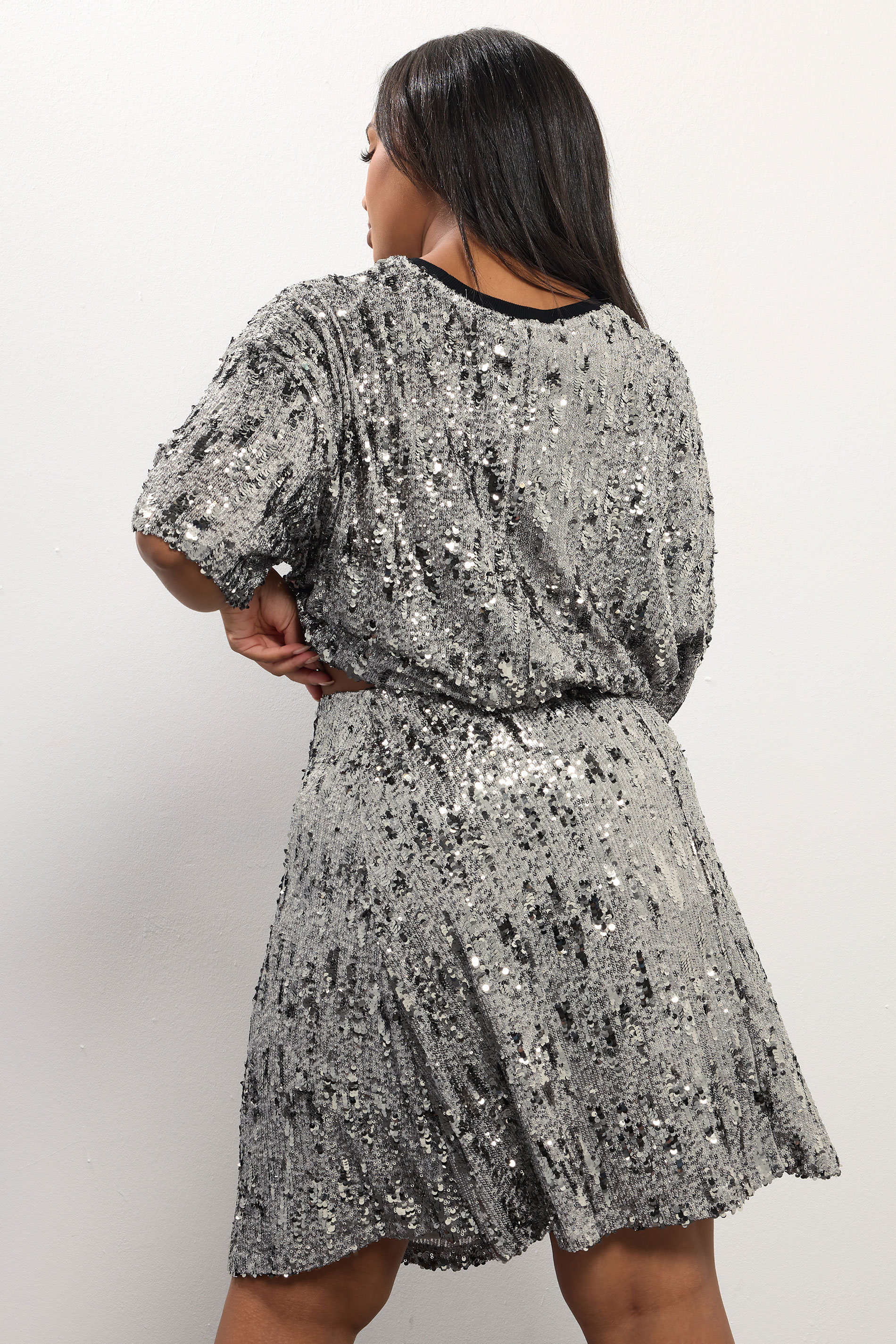 YOURS Plus Size Silver Sequin Embellished Mini Skirt | Yours Clothing 5